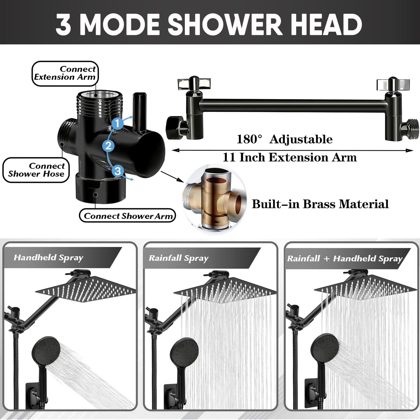 10 Inch Matte Black Rainfall Handheld Shower Head Combo Set GIFTQOOL High Pressure 5 Modes Dual Shower Head with Adjustable Rain Extension Arm, Hose, Holder Pomme De Douche