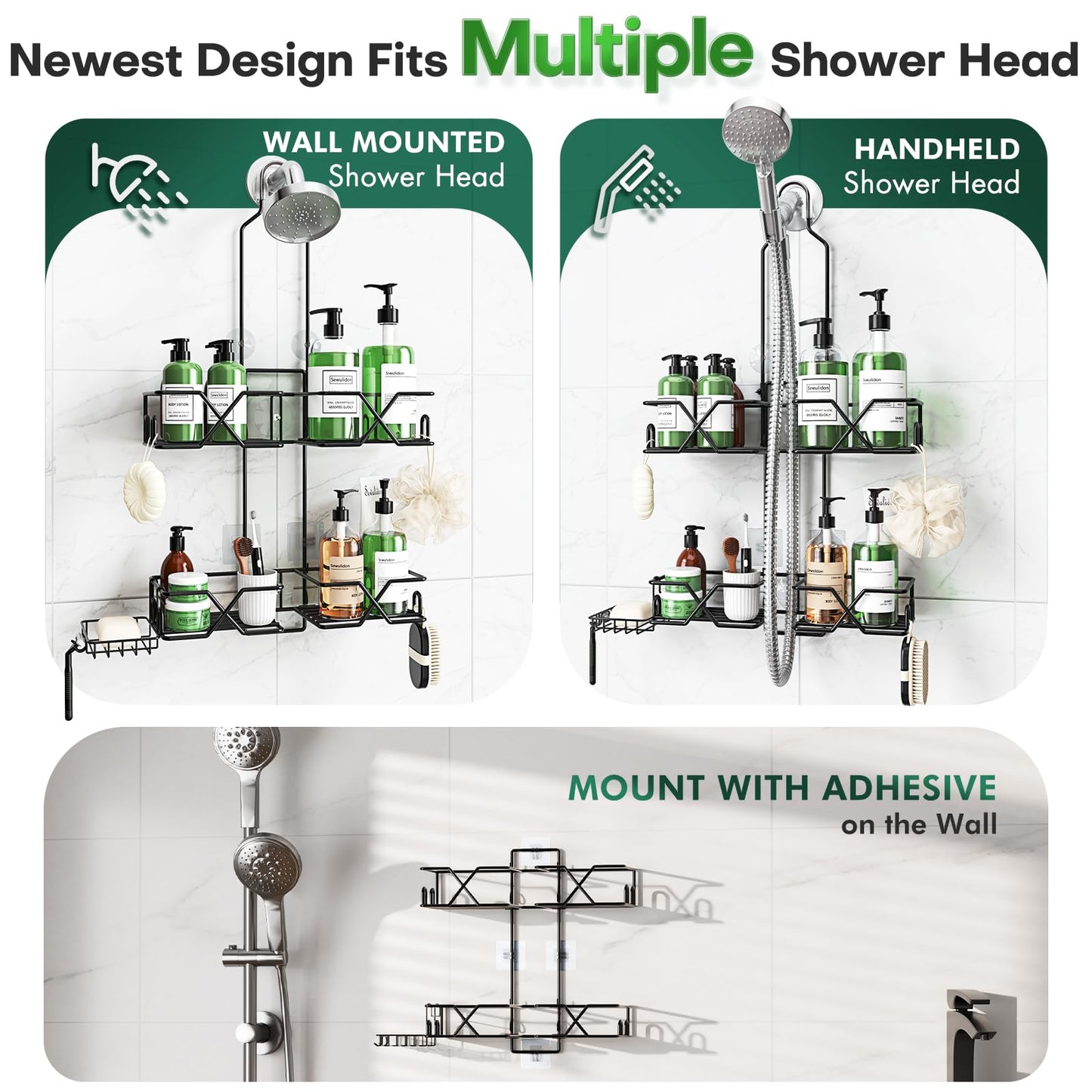 Upgraded Hanging Shower Caddy for Handheld Shower Heads,Adjustable Height Extra Long Bathroom Shower Organizer Hanger Rack with Hooks,Soap Holder