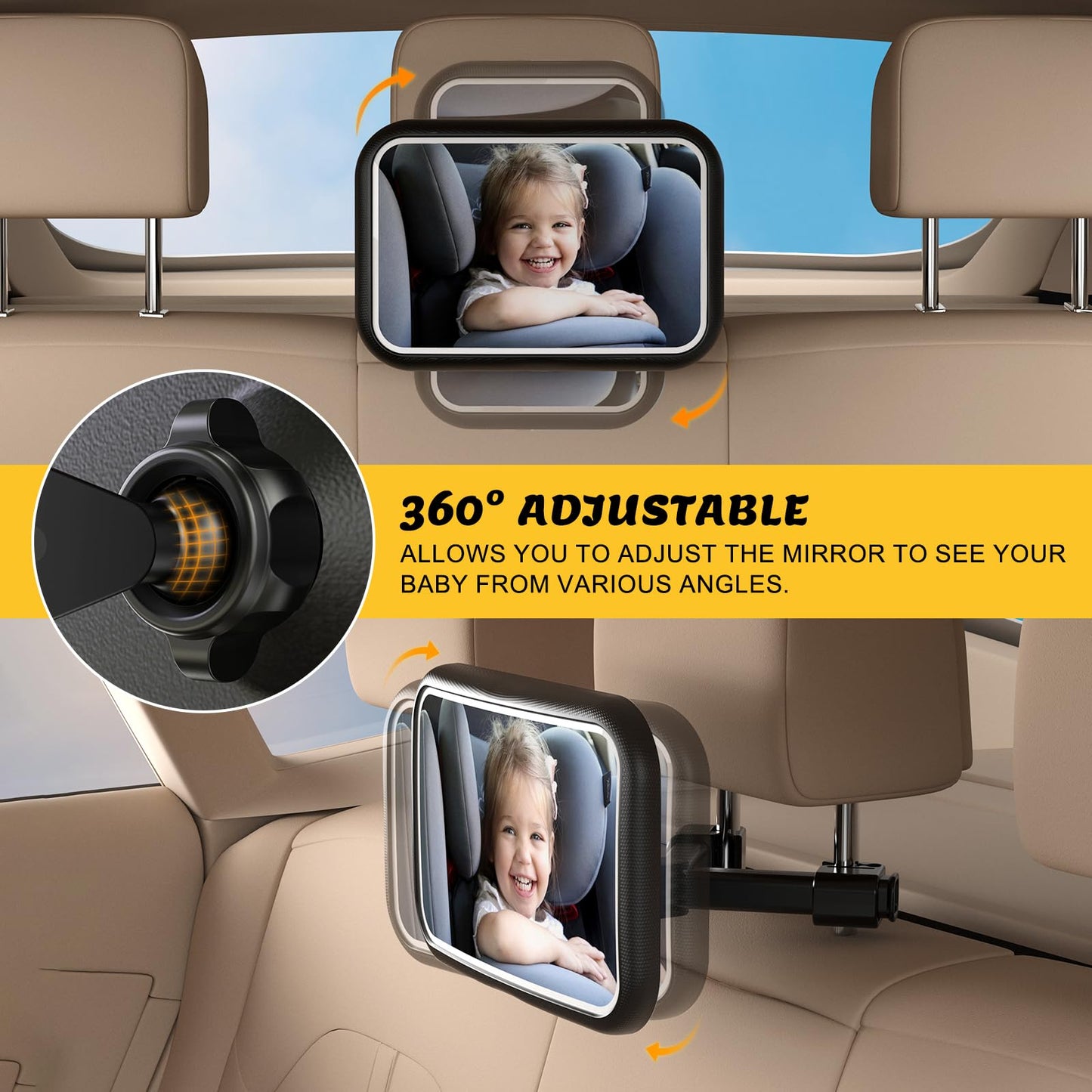 Fosucwin Baby Car Mirror with Light, 11 RGB Light Modes, 360° Rotation, Wide Angle, Remote Control, Shatterproof, Hook Clamp Design