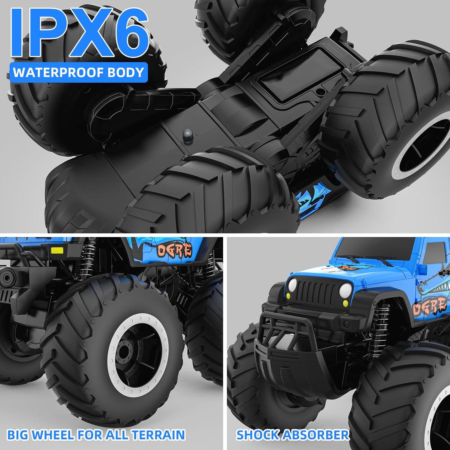 ACAMMZAR 1:16 Amphibious RC Monster Truck, Remote Control Cars for Kids, IPX7 Waterproof 2.4GHz 4WD 360° Rotation, Double Sided RC Car for Boys Girls Gifts, Blue