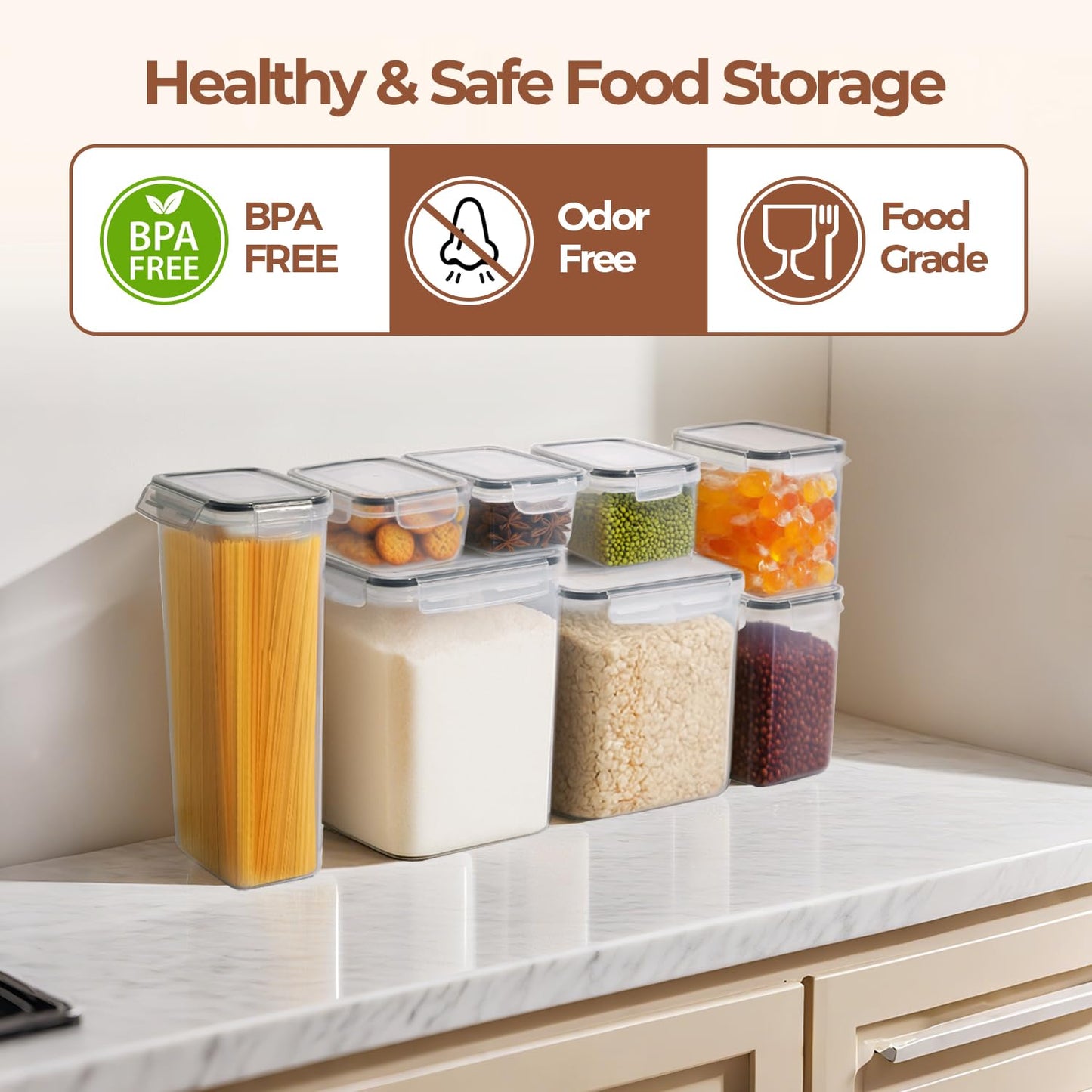 ComSaf 11 Pcs Large Pantry Storage Containers (Up to 5.2L/4.3L), Airtight Food Grade Plastic Kitchen Organizers with Lids & Labels for Flour, Cereal, Pasta, Sugar, Stackable