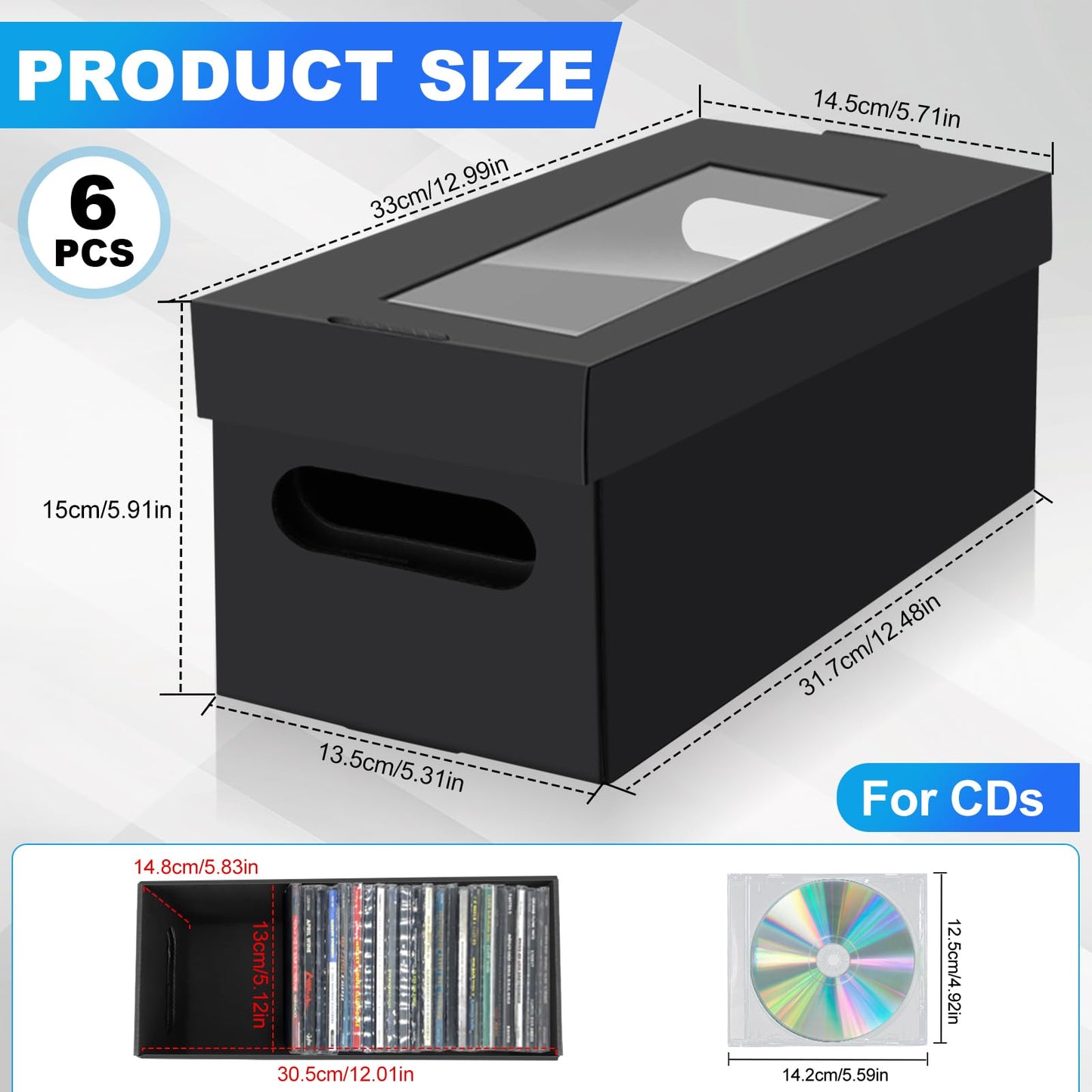 6 Pack CD Storage Boxes with PVC Clear Lid, Portable Cardbord CD Storage 13"×6"×6" DVD Case Holder Stackable DVD Storage Box Each Hold Up to 30 DVDs in Full Jewel Cases for DVDs, CDs