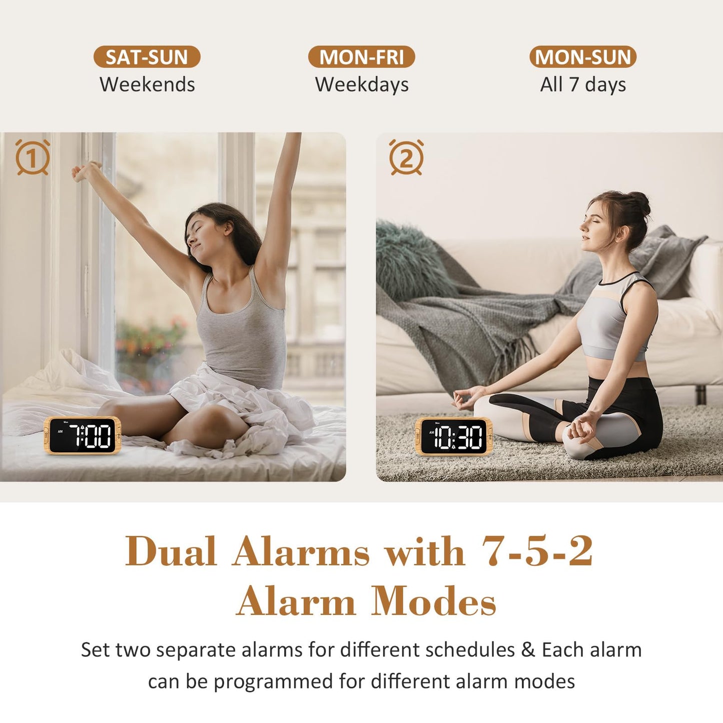 Odokee Digital Dual Alarm Clock for Bedroom, 0-100% Dimmer, Weekday/Weekend Mode, Easy to Set, USB Charger, Adjustable Alarm Volume with 5 Alarm Sounds, Snooze, 12/24Hr, Battery Backup (Wood Grain)