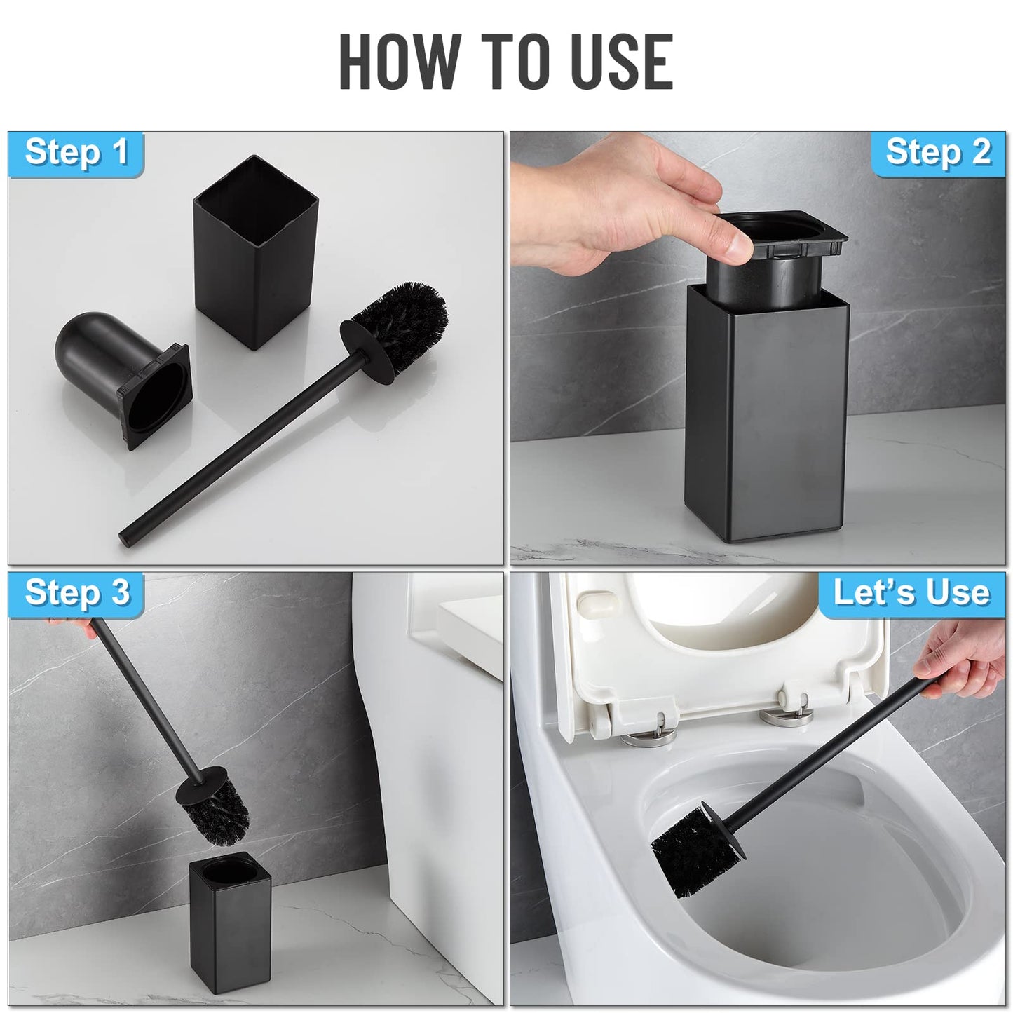 BVL Toilet Brush and Holder Black Toilet Bowl Brush for Ceaning with Stainless Steel Handle Freestanding