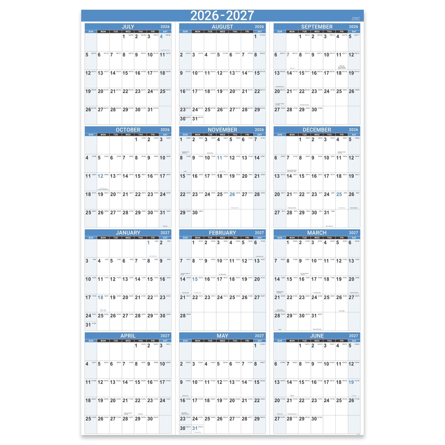 2026-2027 Wall Calendar - 2026-2027 Yearly Wall Calendar, July 2026 - June 2027, Calendar 26-27, 34.8" x 22.8"(Open), One Page Vertical with Round Stickers, Gift Pocket - Haze Blue