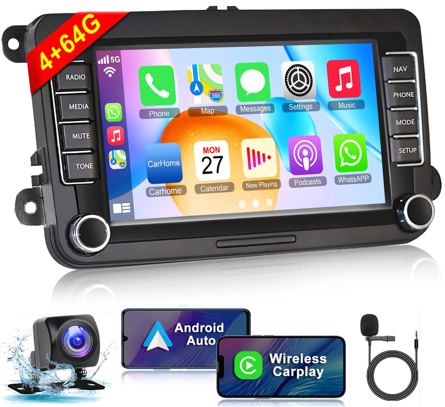 (4G RAM 64G ROM) Car Radio for VW Passat MK5 MK6 Jetta Golf tiguan, Android 13 7 Inch 5G WiFi Volkswagen Stereo Support Carplay/Android Auto,GPS Navigation with Bluetooth,Backup Camera,SWC/FM Radio
