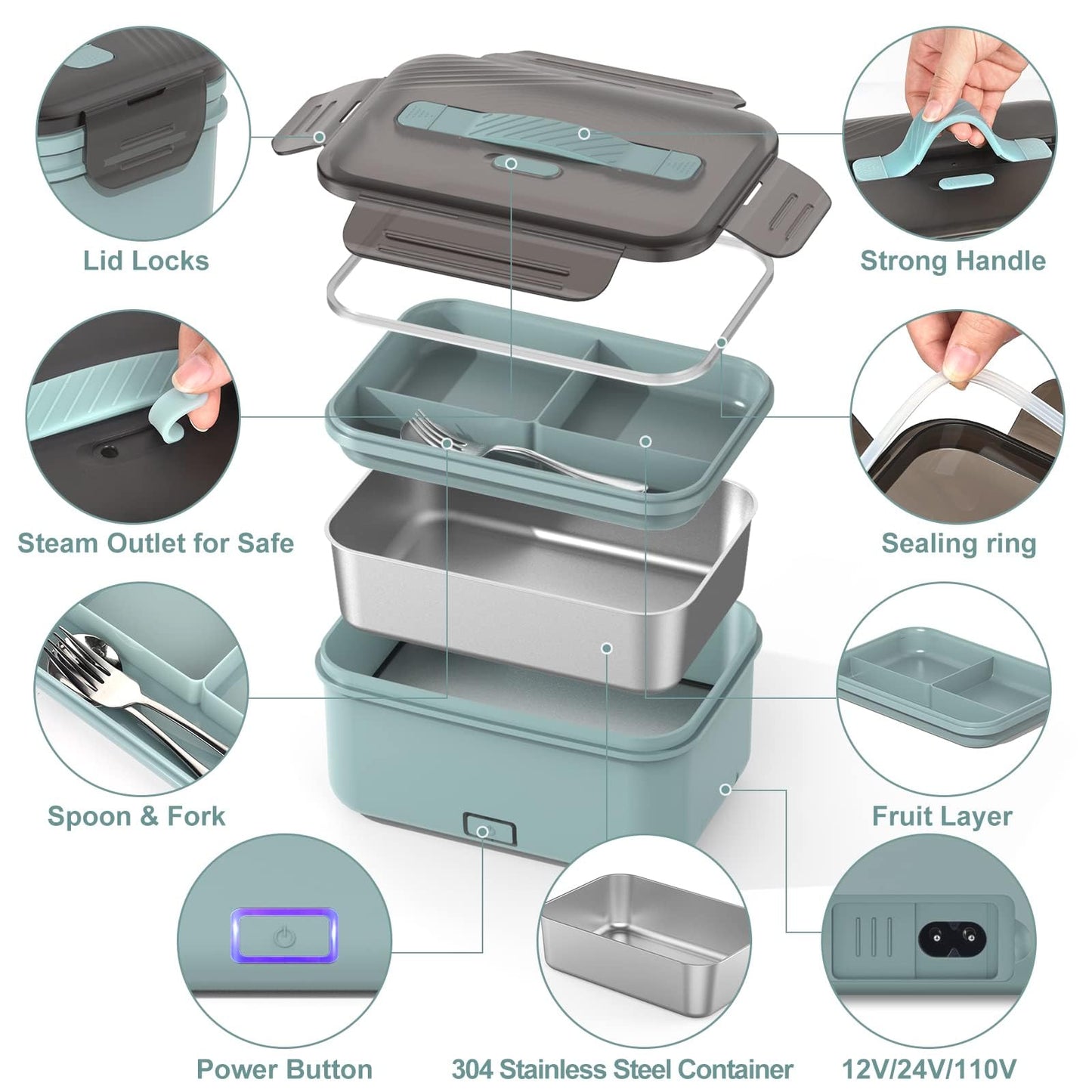 Electric Lunch Box Food Heater for Car Truck Home 1.8L 100W Heated Lunchbox Food Warmer with 12V/24V/110V/220V Portable Microwave for Work Travel Jobsite Camping Christmas Gifts for Adults/Men/Woman