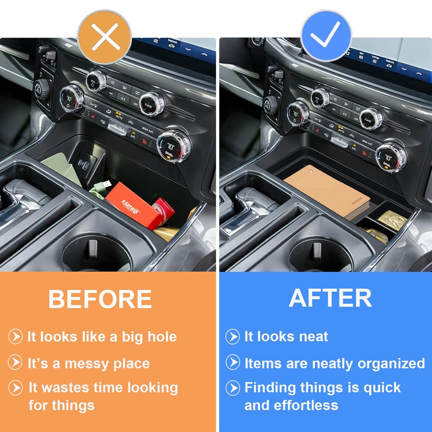 Center Console Organizer for 2021-2025 2026 Ford F150 & 2022-2026 F150 Lightning XLT Pro, Hidden Storage Tray with USB Hole Accessories (Fits into The Open Pocket in Front of The Shifter)