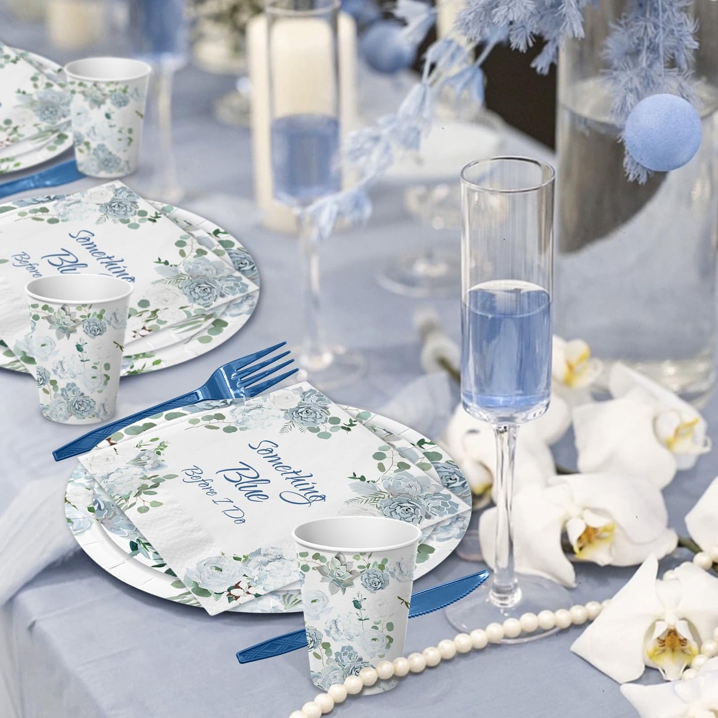 145 Pcs Something Blue Before I Do Bridal Shower Decorations Dusty Blue Floral Disposable Paper Plates and Napkins Tableware Set for 24 Guests, Miss to Mrs Decorations for Wedding Engagement Party