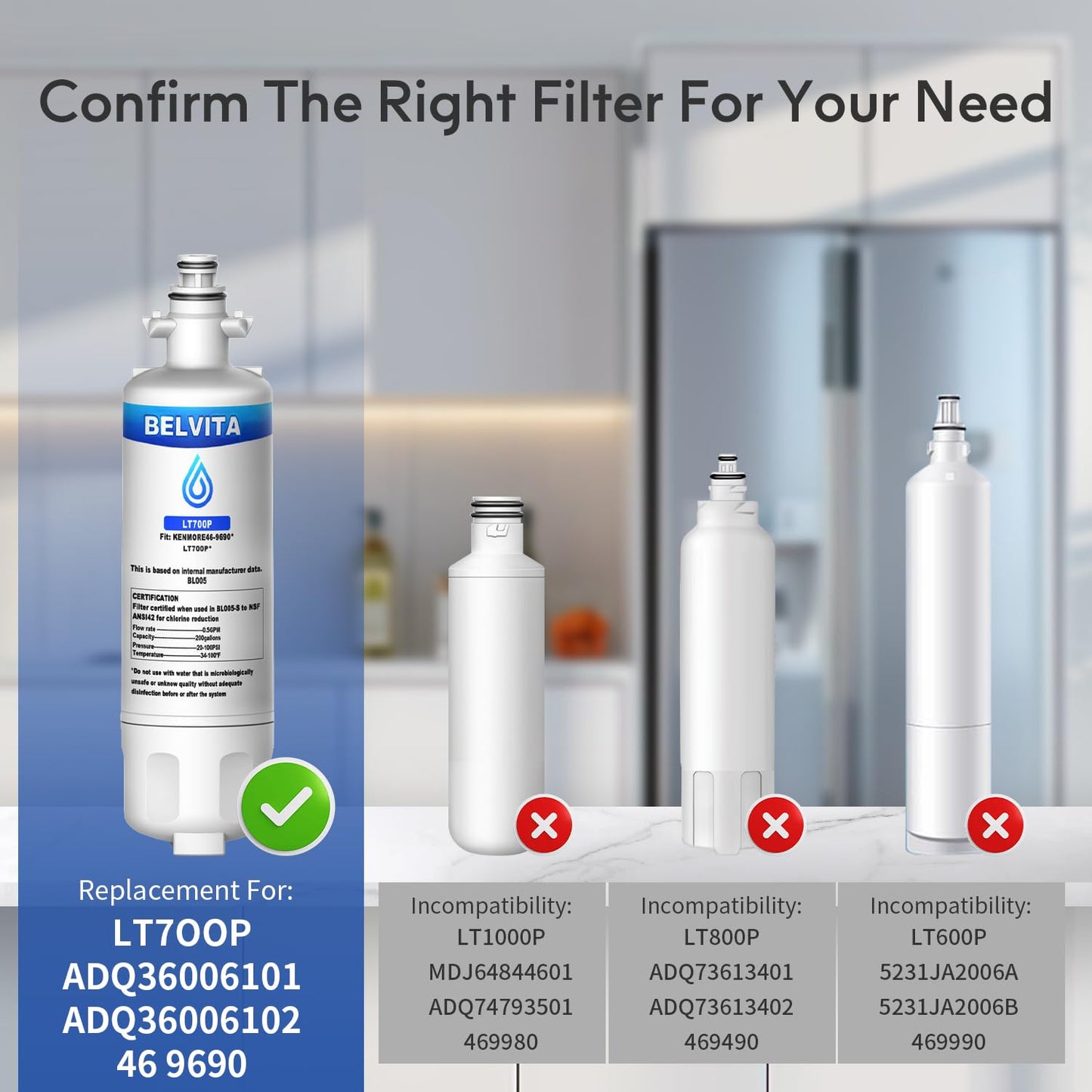 BELVITA LGLT700P Refrigerator Water Filter Compatible with LG LT700P, Kenmore 9690, LG ADQ36006101, ADQ36006102,WSL-3, LFX31945ST,LFX31925ST,LFXS30766S,LFXC24726D,LFXS24623S,LFXC24726S,RWF1200A, 3Pack