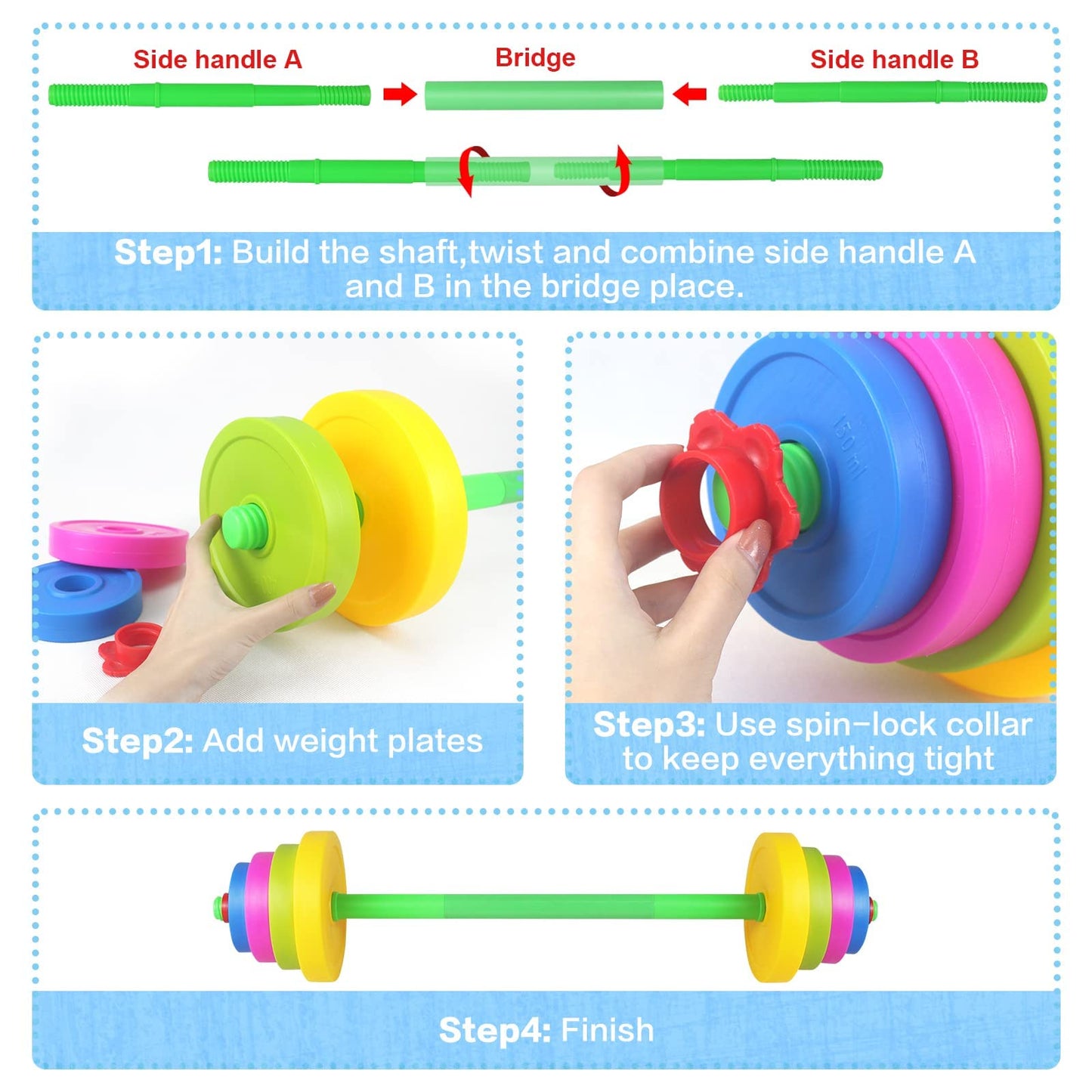 Wit Bear Kids Barbell Weight Set - Adjustable Workout Toy Equipment for Children Pretend Play Exercise - Toddler Beginner Gym, Fitness, Weightlifting and Powerlifting (32 inches)