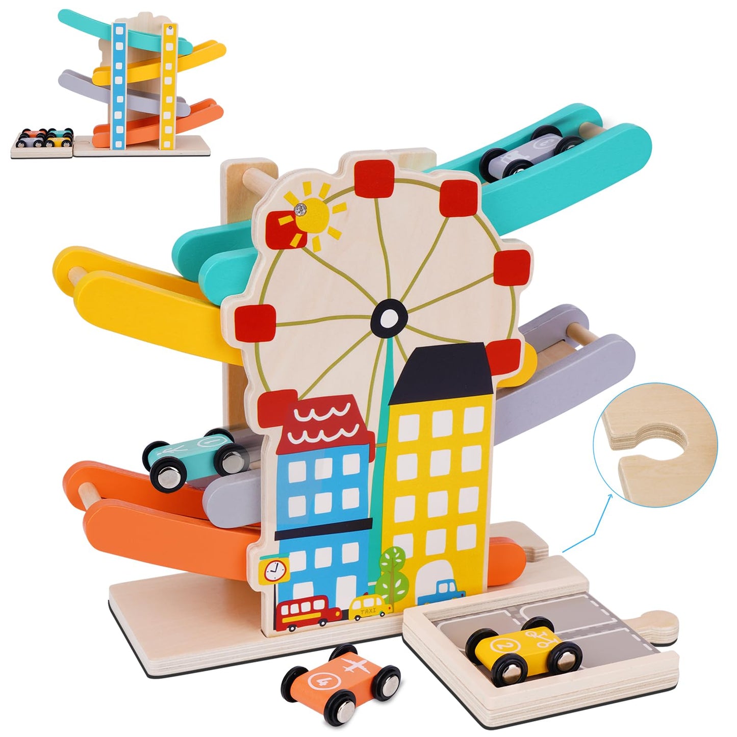 FCSONU Toddlers Montessori Toys for 1 2 Year Old Boys Girls, Wooden Car Ramps Race Track Set with 4 Mini Cars & 4 Car Tracks & Garage, Christmas & 1st Birthday Gifts for Boys Girls Baby Kids 1-3-2-4