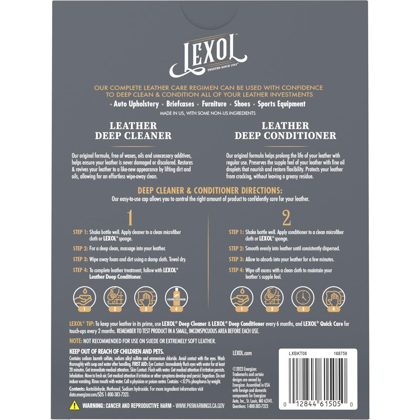 Lexol Conditioner Cleaner Kit, Use on Car Leather, Furniture, Shoes, Bags, and Accessories, Quick & Easy Step Regimen, 8 oz Bottles, Includes Two Application Sponges