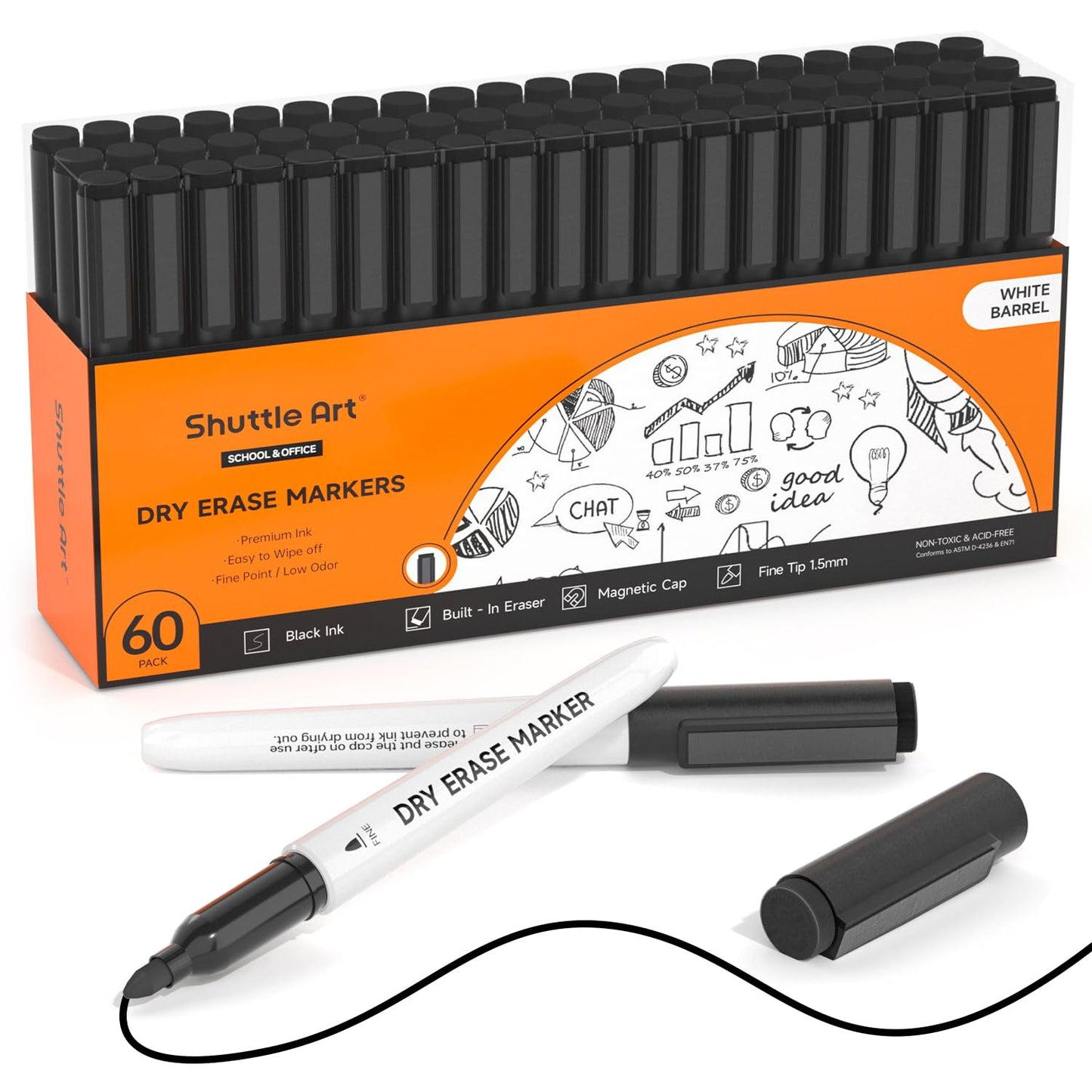 Shuttle Art Black Dry Erase Markers, 60 Pack Magnetic Whiteboard Markers with Erase,Fine Point Dry Erase Markers Perfect For Writing on Whiteboards, Dry-Erase Boards,Mirrors for School Office Home