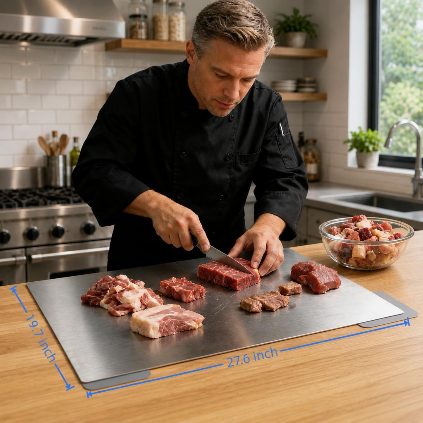 FayLongSky 304 Stainless Steel Cutting Board with Lip, Rounded Edges No Sharp Corners, with 2 Pcs Non-Slip Mats, for Kitchen, Meat, Vegetables, Fruits, Kneading, Bread & Baking (15.7" L x 11.8" W)