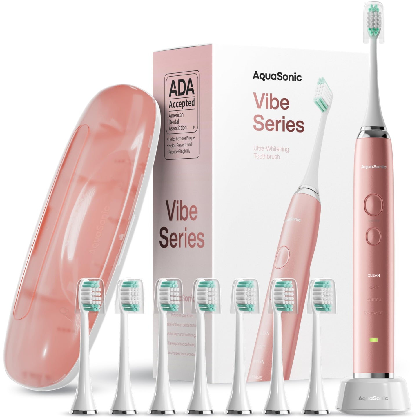 AquaSonic Vibe Series Ultra Whitening Toothbrush – ADA Accepted Power Toothbrush - 8 Brush Heads & Travel Case – 40,000 VPM Motor & Wireless Charging - 4 Modes w Smart Timer – Satin Rose Gold