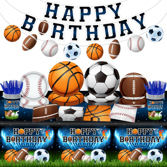 CMUSKO Sports Birthday Party Decorations - 142Pcs Sports Theme Plates and Napkins Kit - All Star Basketball, Football, Baseball, Soccer - Serves 20 Guests - Red Balls Pattern
