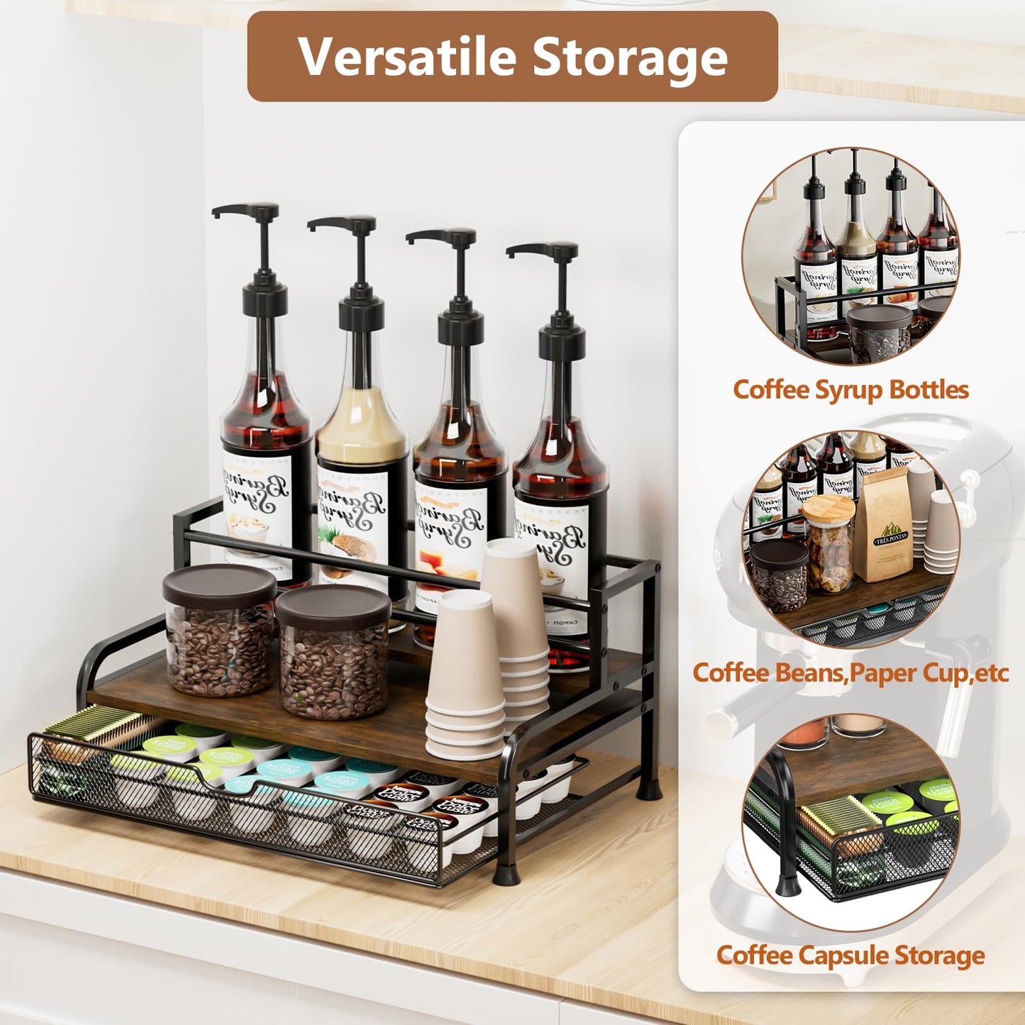 Coffee Syrup Rack Organizer, 3-Tier 8 Bottles Syrup Rack with 35 K Cup Storage Basket Coffee Bar, Countertop Bottle Holder Stand for Wine, Dressing for Kitchen Cafe Station