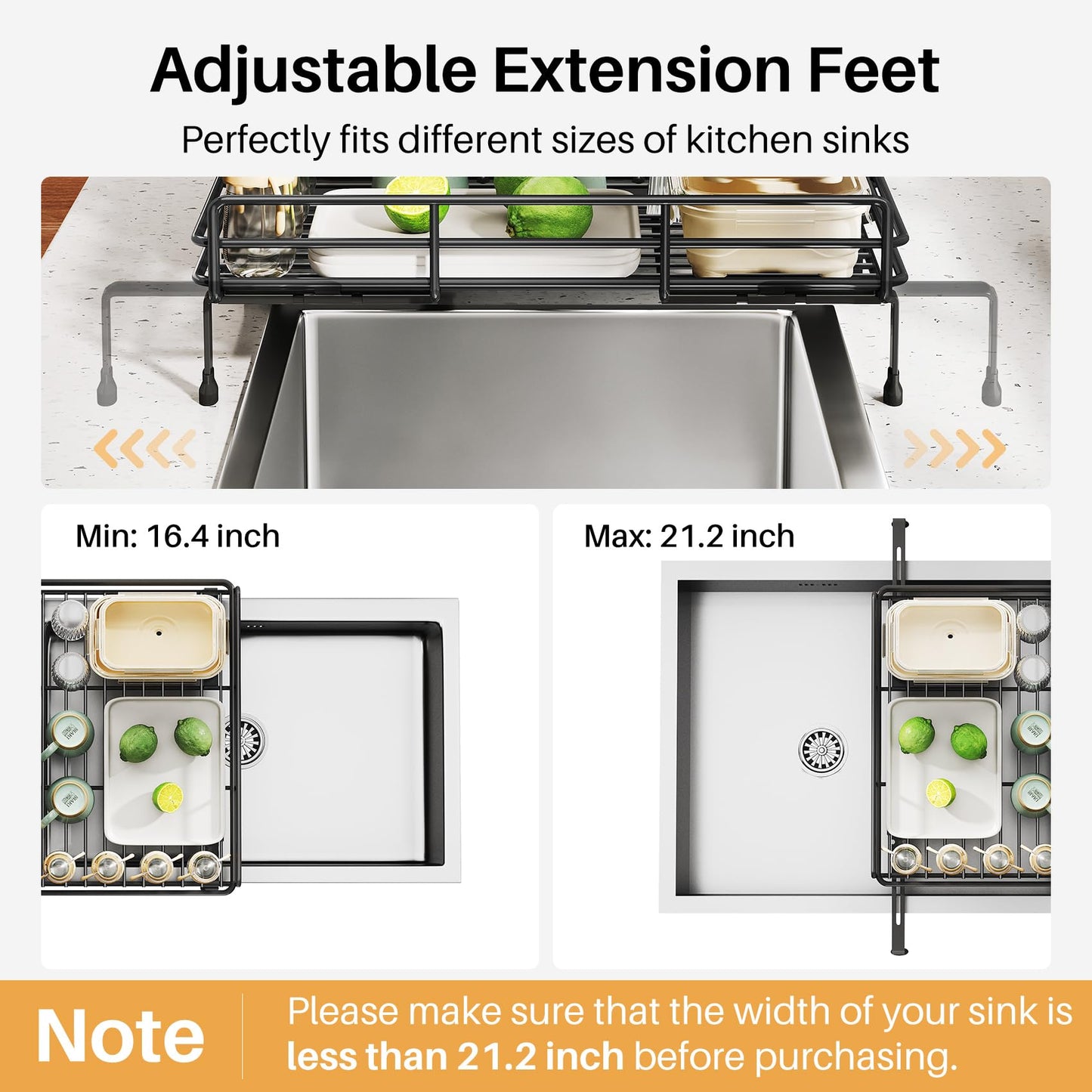 Dish Rack - Extendable Dish Rack, Large Sink Drying Rack for Countertop, Stainless Steel Dish Strainer with Utensil Holder (Black)