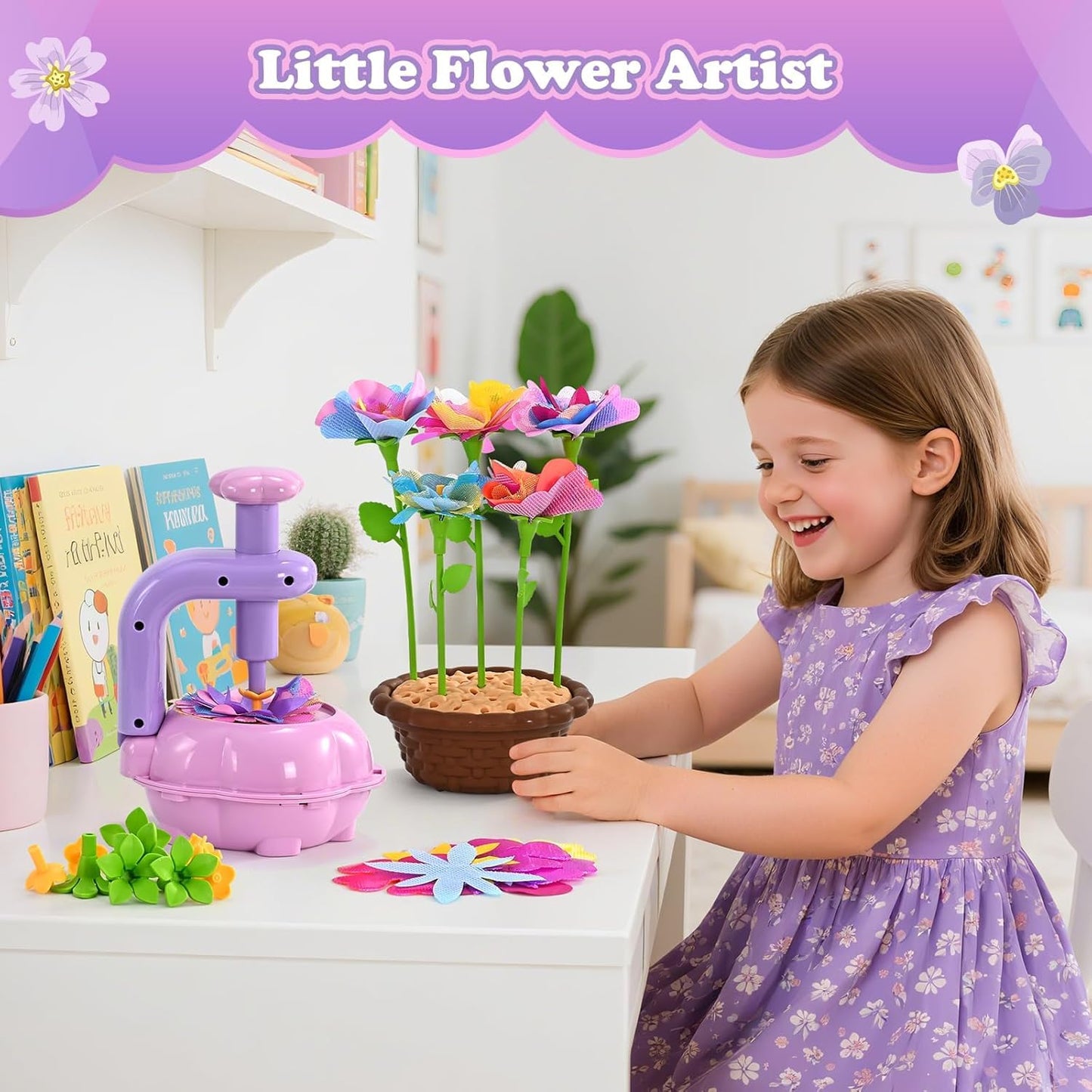 BlueSwan Girls DIY Fabric Flower Bouquets Toys, Kids' Flowers Press Kits, Poke-in Arts and Crafts Birthday Gifts for 4-12 Year Old Girl, Lovely Mothers Day Gifts 36 Flower Holders, Interactive Toy
