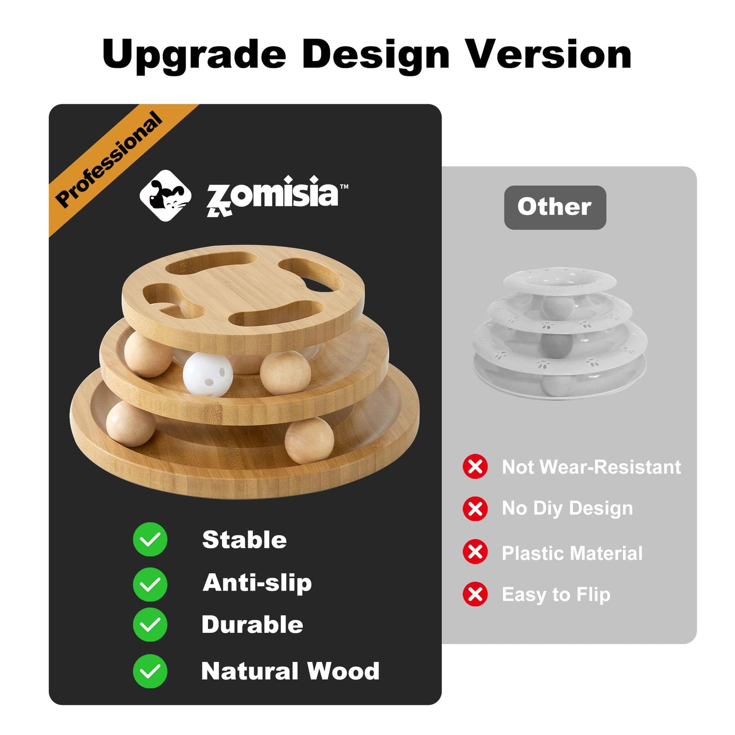 ZOMISIA Cat Ball Track Toy with Puzzle Top, Wooden Cat Toys for Indoor Cats with Spinning Balls, Interactive Large Cat Ball Tower for Kitten Exercise Mental Physical