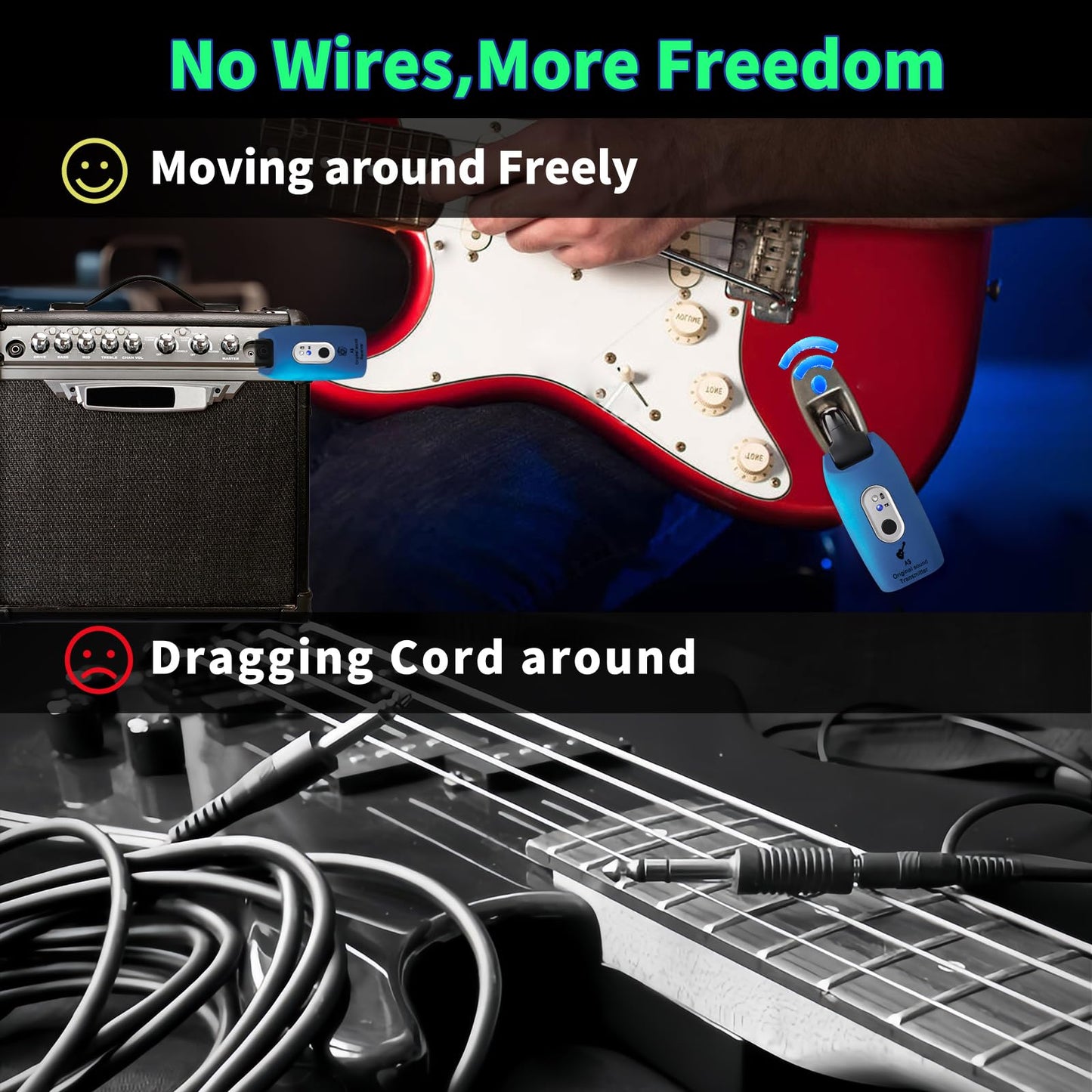 WENTELMUSIC A9 Wireless Guitar System - 2.4GHz, 24-bit 48KHz Audio, 100ft Range, No Latency, 4-Hour Rechargeable Battery, Blue, for Electric Guitar Bass(Blue(2TX+1TX))