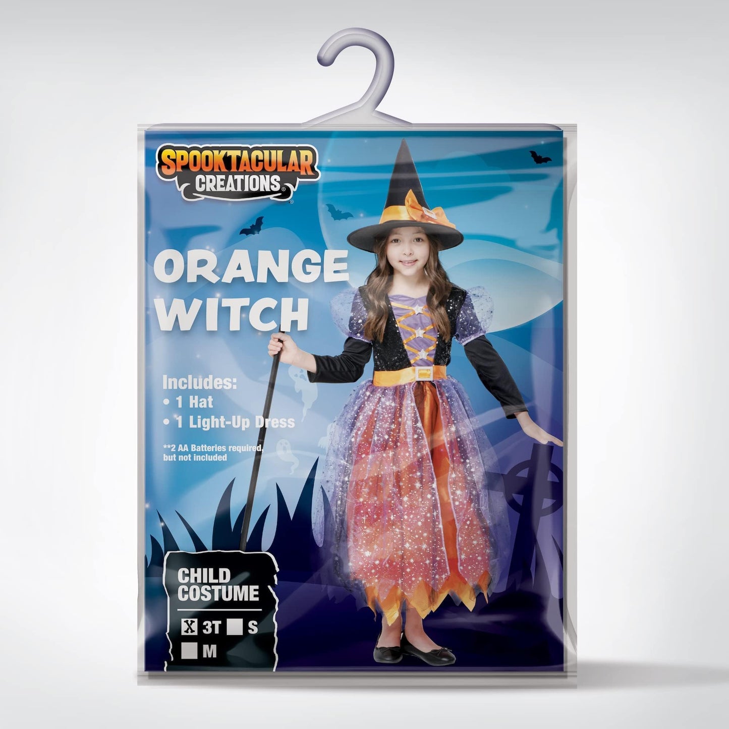 Spooktacular Creations Orange Witch Costume Kids, Light Up Halloween Witch Dress Hat Broom for Girls, Sweet Wizard Set, S