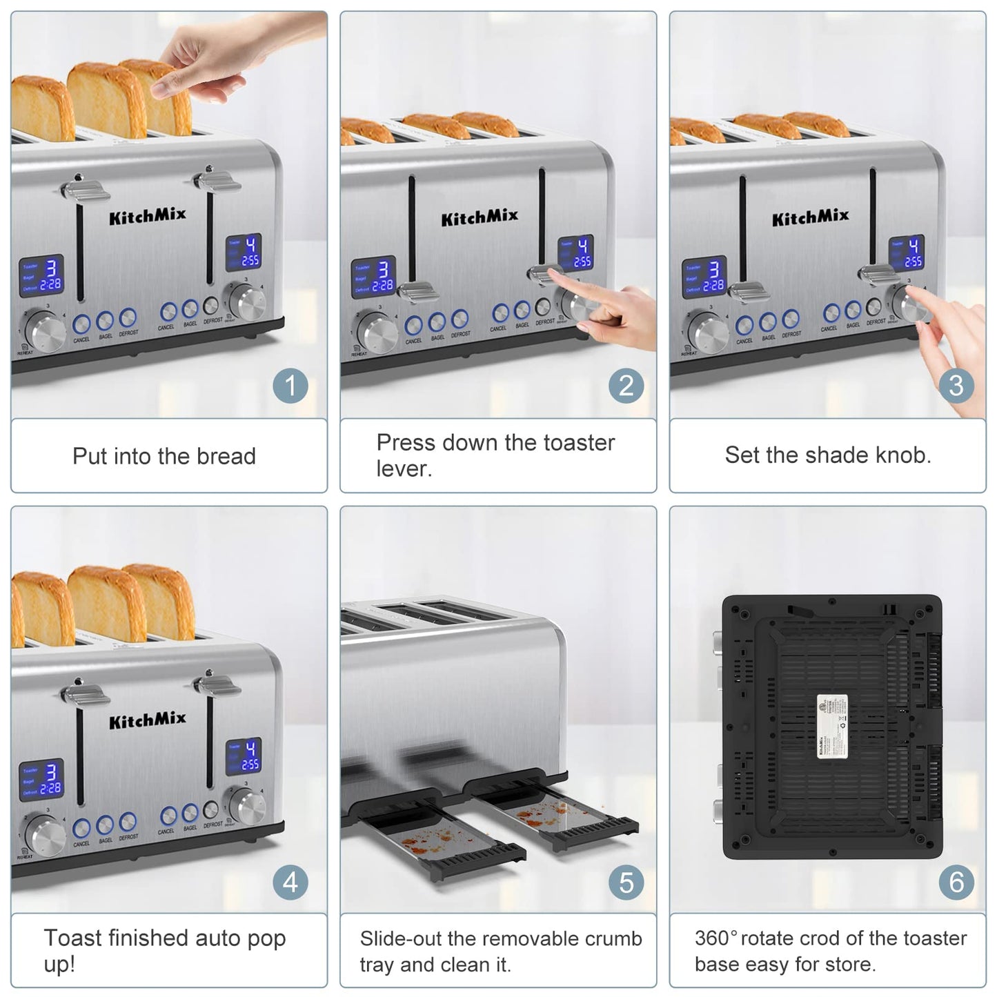 Toaster 4 Slice, Bagel Stainless Toaster with LCD Timer, Extra Wide Slots, Dual Screen, Removal Crumb Tray (Stainless steel)