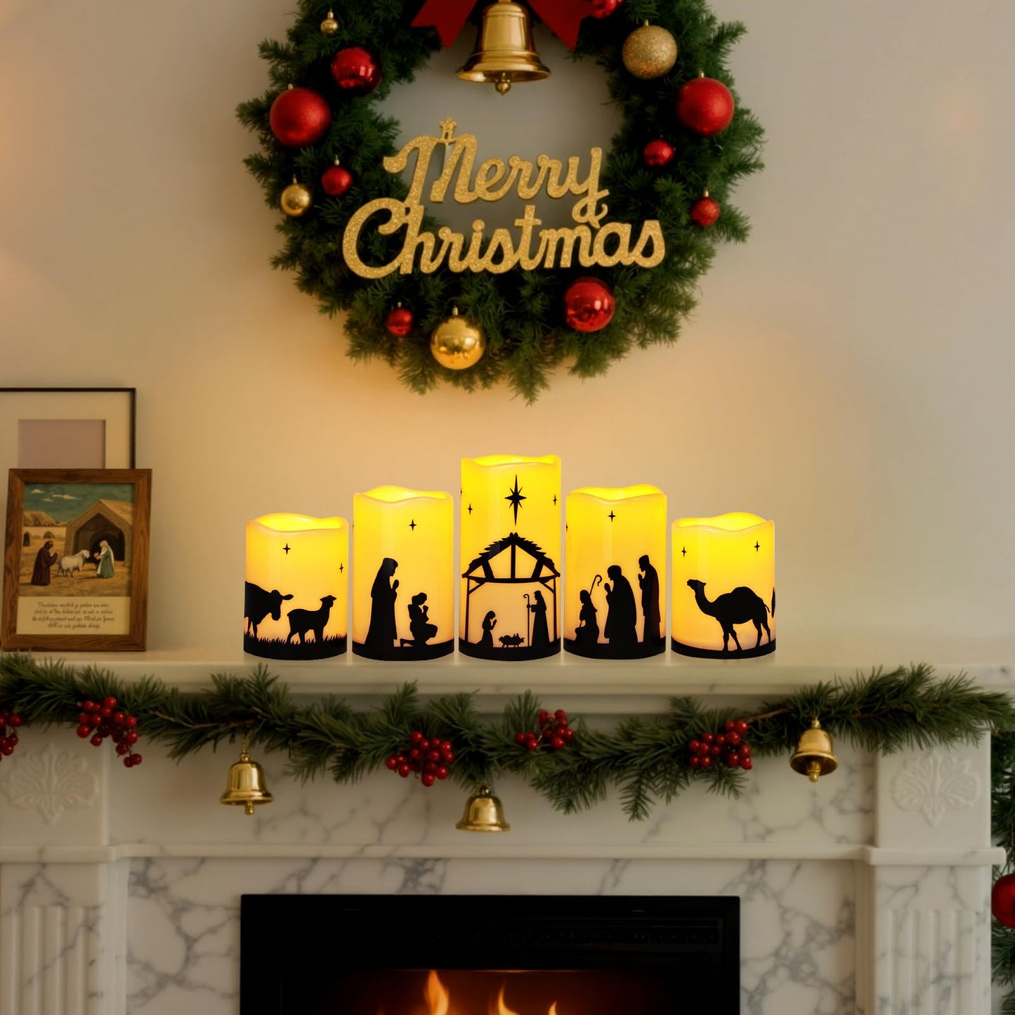 Christmas Decorations Indoor Outdoor - Nativity Set, Nativity Scene Candles with Remote Timer, Holiday Home Table Mantel Decor Centerpieces, Religious Gifts for Christians women, Flameless, Waterproof