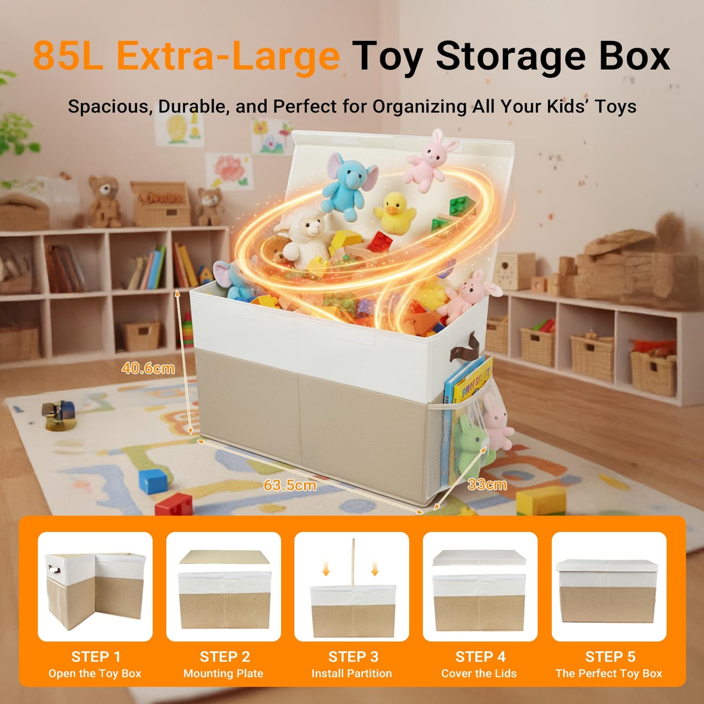 LIWEGHT Large Toy Storage Box with Lid Collapsible Sturdy Baby Toy Storage Rganizer Chest Bins with Divider for Kids,Nursery,Bedroom,Boys, Girls,Playroom,25"x13"x16" (Beige&White)