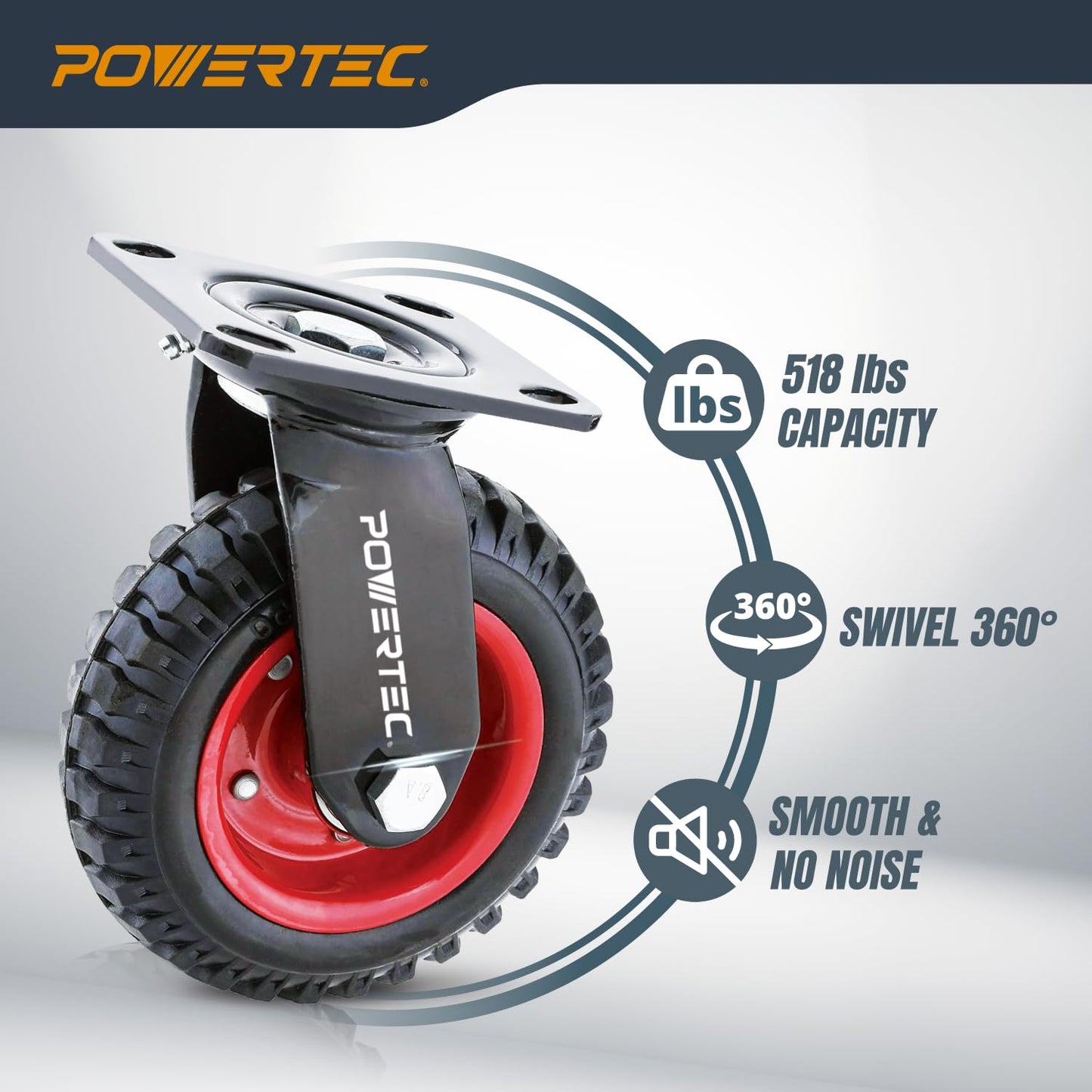 POWERTEC 8 Inch Caster Wheels, Heavy Duty Swivel Plate Casters with Rubber Knobby Tread for Workbench, Dolly, Cart, Trolley, Wagon and Chicken Coop, Large Rubber Castor Wheels, 1PK (17051V)