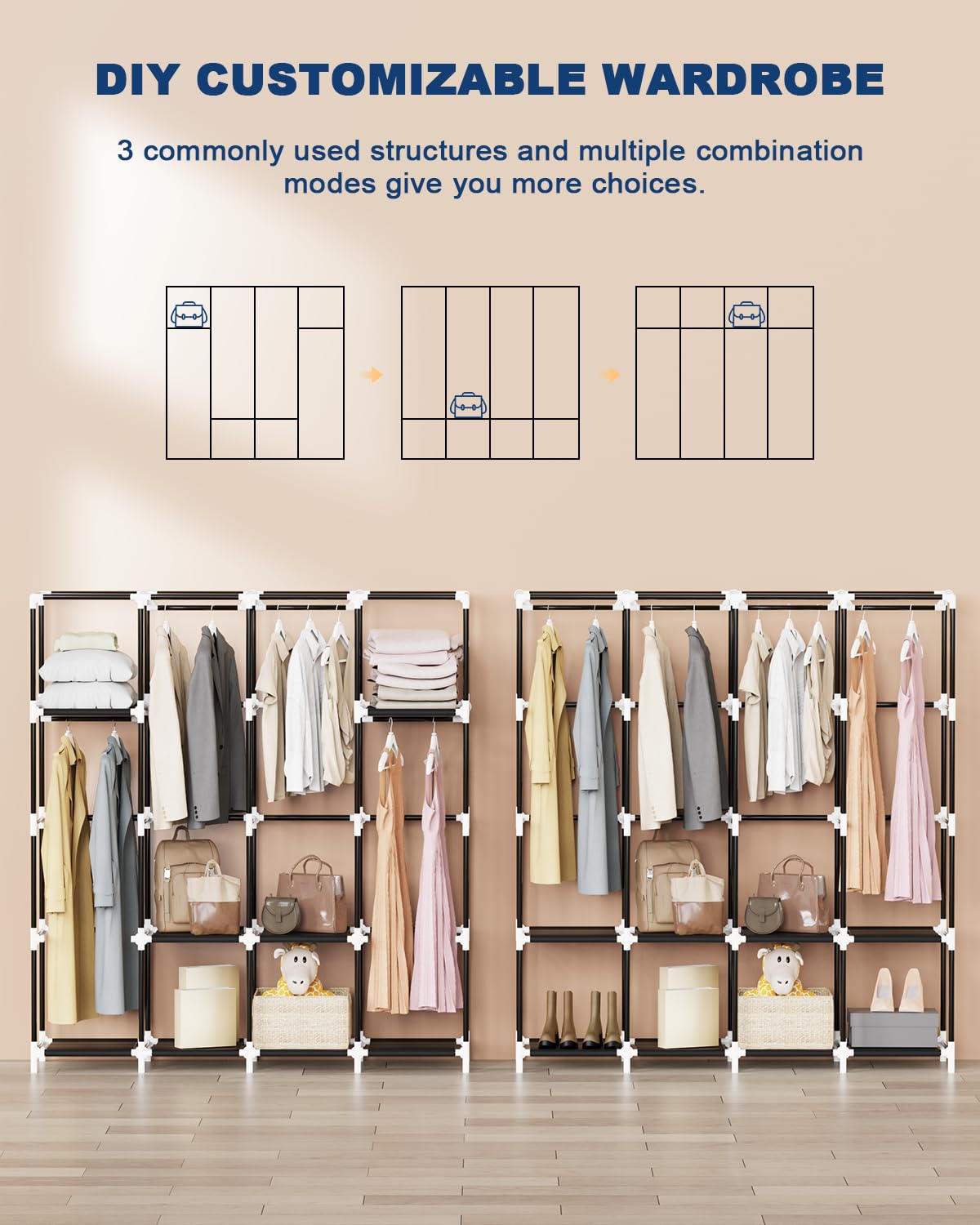 Mavivegue Wardrobe Closet with 4 Hanging Rods, Portable Closet Wardrobe, Non-Woven Fabric Cover, Closet Organizers for Bedroom and Living Room, Black, 67" W x 17" D x 67" H