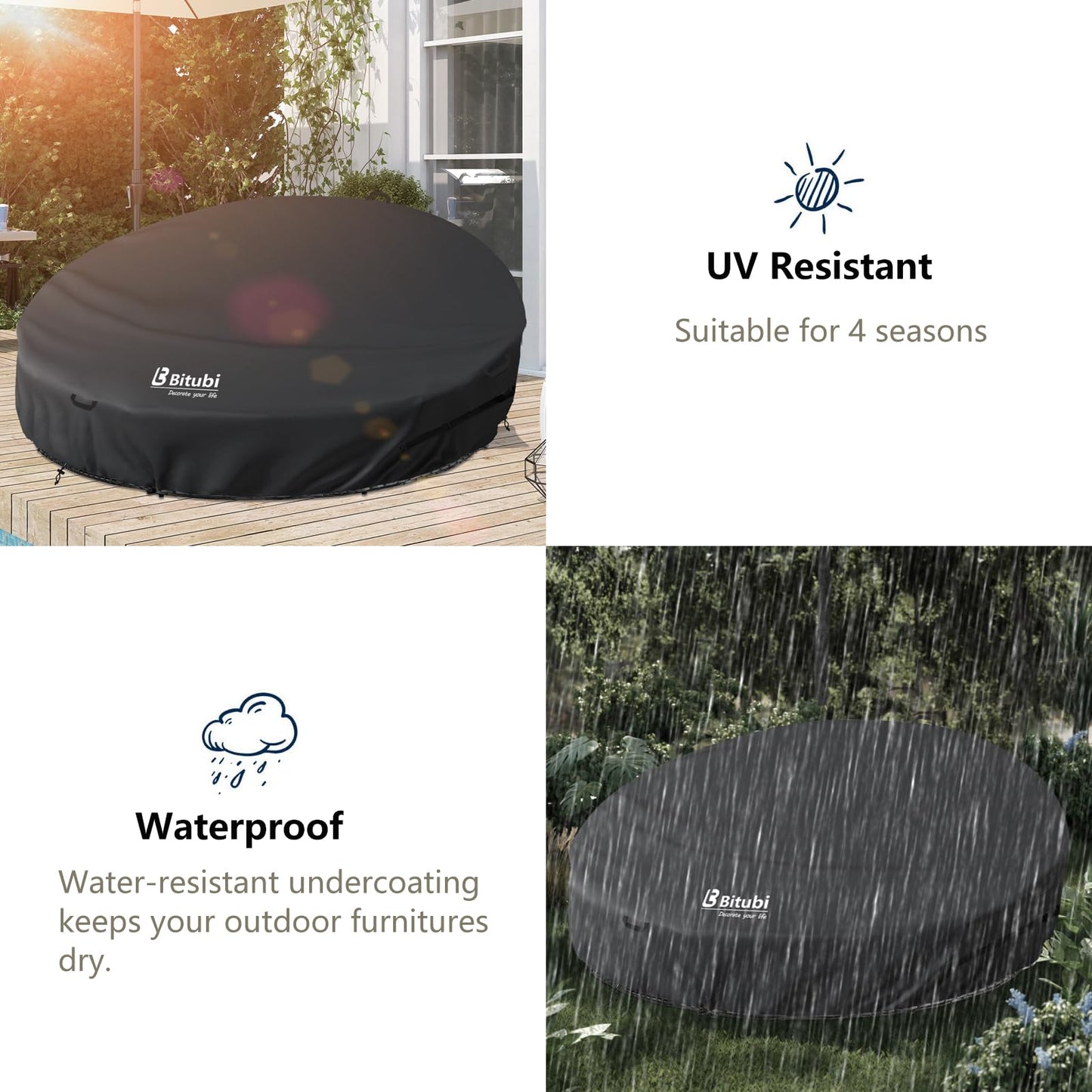 Bitubi 75 Inch Heavy Duty Waterproof Outdoor Daybed Cover - 600D Tough Canvas Anti-UV Patio Canopy Daybed Sofa Cover 75" Dia x 35"/16”H, Black