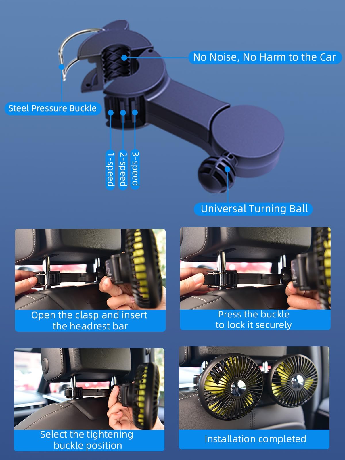NIFBANG Dual Head Car Fan for Backseat,Battery Powered Rechargeable Car Back Seat Fans for Kids Baby Dog,360° Rotatable 3 Speeds Rear Headrest Cooling Fans,Cooler Fan That Blow Cold Air for Suv Truck
