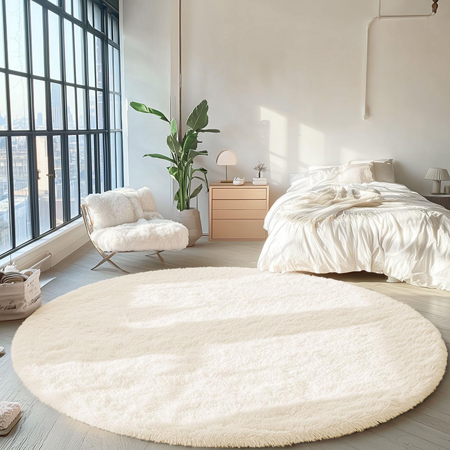 OLANLY Ivory Round Rugs for Bedroom, 5 Ft Machine Washable Circle Area Rugs for Living Room, Non-Slip Fluffy Carpet for Teen Girls and Boys, Dorms, Nursery Rooms, Home Decor Aesthetic