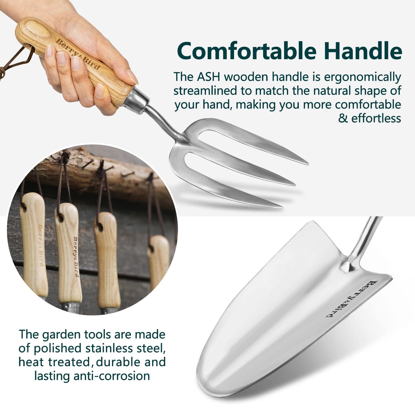 Berry&Bird 3Pack Gardening Hand Tool Set- Stainless Steel Garden Tool Kit Include Wooden Handle Trowel, Hand Fork & Weeder for Weeding Planting Transplant & Measuring, Ideal Garden Gift for Women&Men