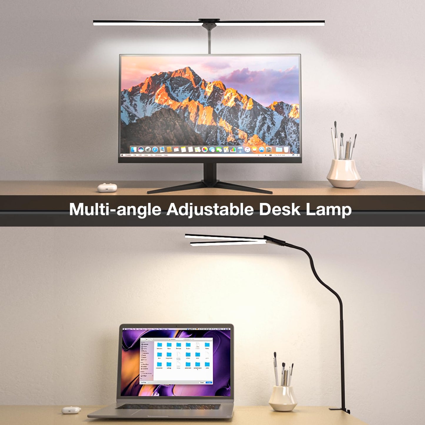 Hensam Desk Lamp for Office Home-Double Head Led Desk Light, Touch Control Dimmable 5 Brightness Levels 5 Color Modes, Eye-Caring Architect Desktop Lamp for Reading/Workbench/Study [12W,Black]