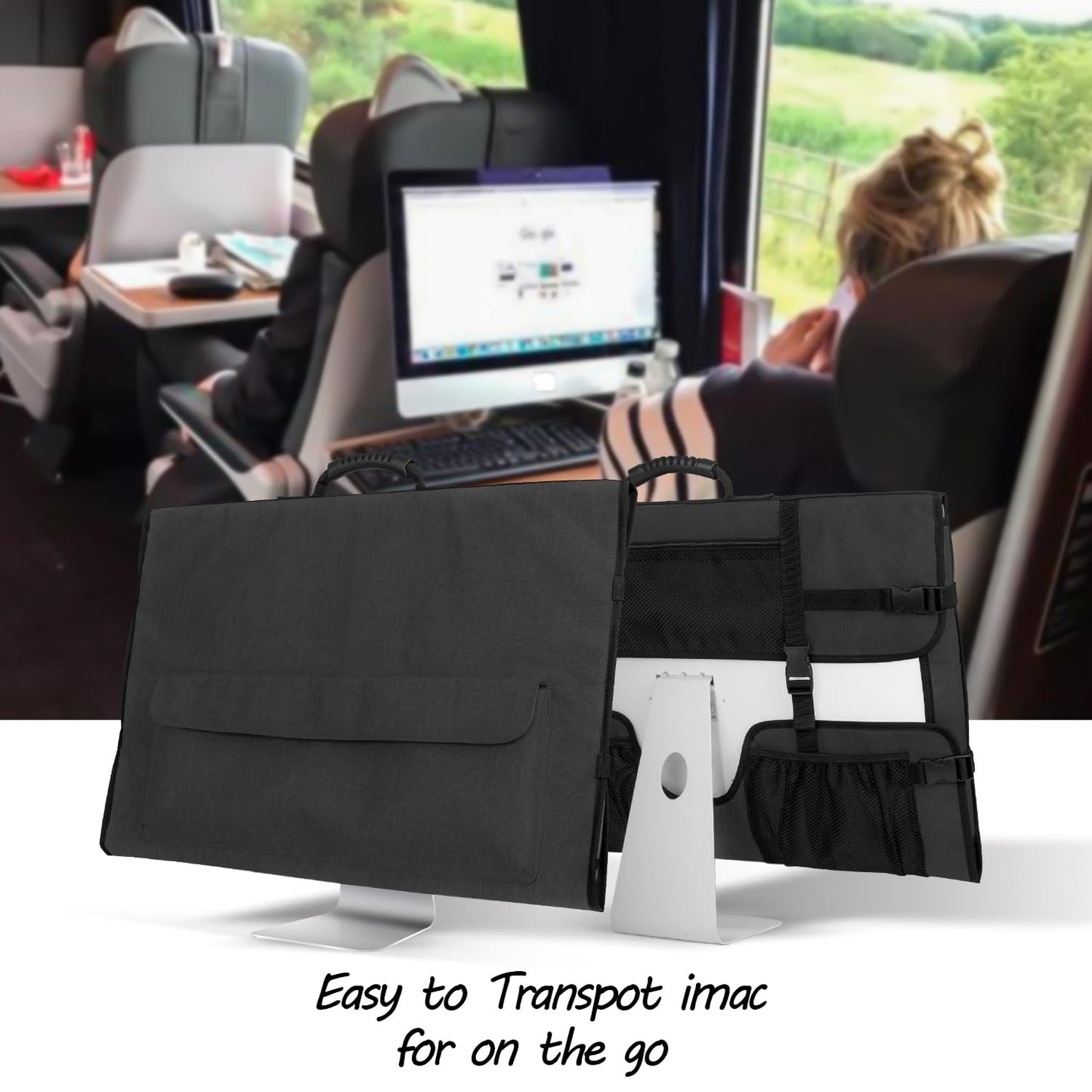 CURMIO Travel Carrying Bag Compatible with Apple 27" iMac Desktop Computer, Protective Storage Case Monitor Dust Cover with Rubber Handle for 27" iMac Screen and Accessories, Black, Patent Pending