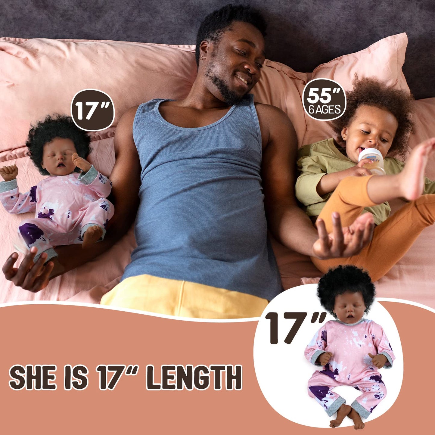 BABESIDE Lifelike Reborn Baby Doll Black 17-Inch Baby-Soft Body & Curls Realistic-Newborn Baby Dolls African American Real Life Baby Dolls Cloth Body w/Feeding Kit & Gift Box for Kids