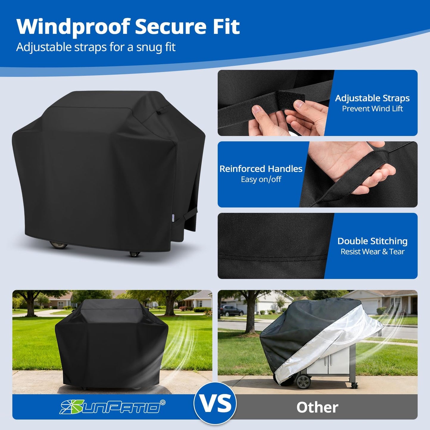 SunPatio BBQ Cover 60 Inch, Heavy-Duty Waterproof Gas Grill Cover, UV and Fade Resistant Barbecue Cover, All Weather Protection for Napoleon Weber Charbroil Nexgrill Kenmore Grills and More, Black