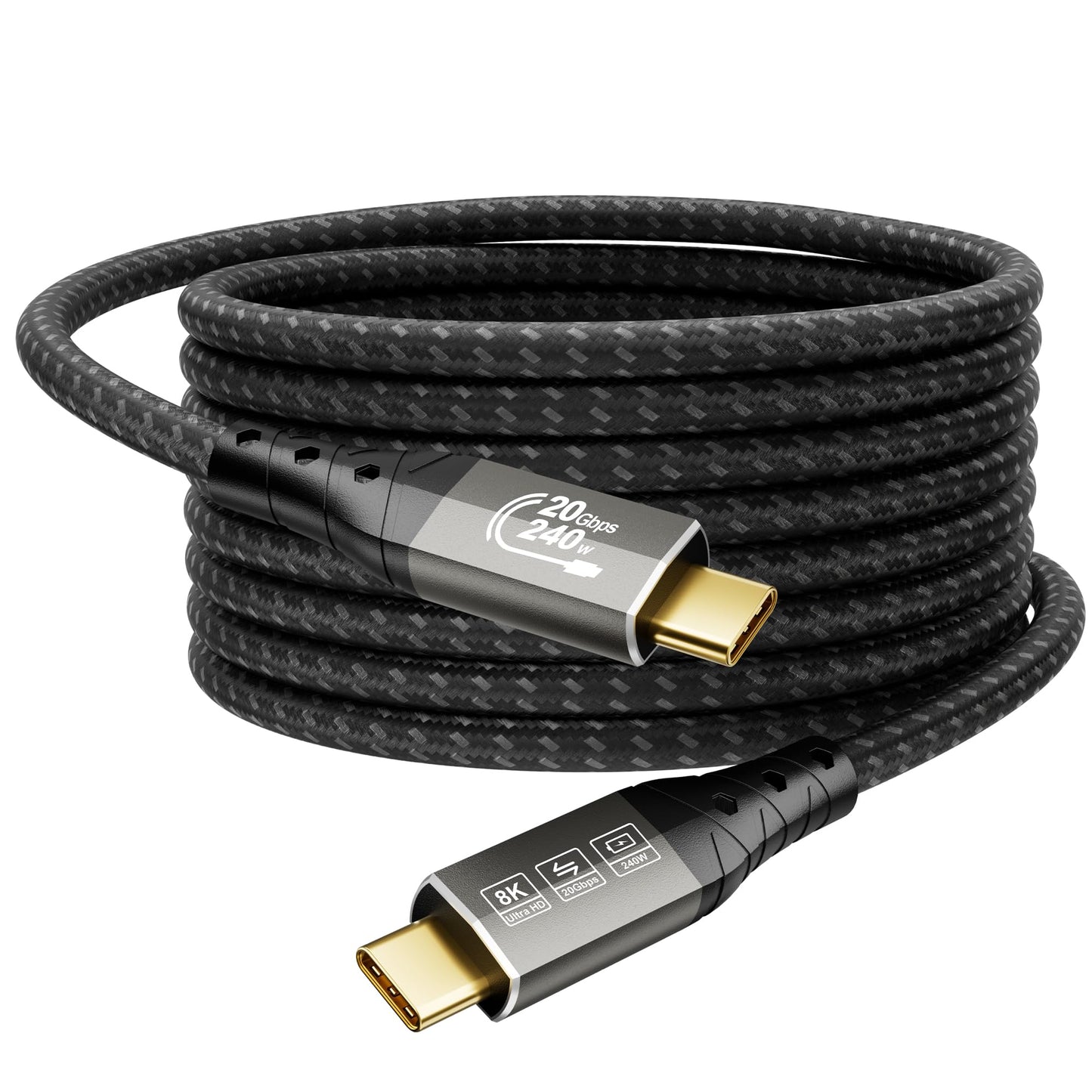 ZIKNYDO Long USB C to USB C Cable 16FT, Supports Up to 20Gbps Data Transfer, 240W Charging, 8K@30Hz, 4K@60Hz /144Hz Video Output, USBC Display Cord for Monitor, Laptop, MacBook Pro, iPad Pro (5m)