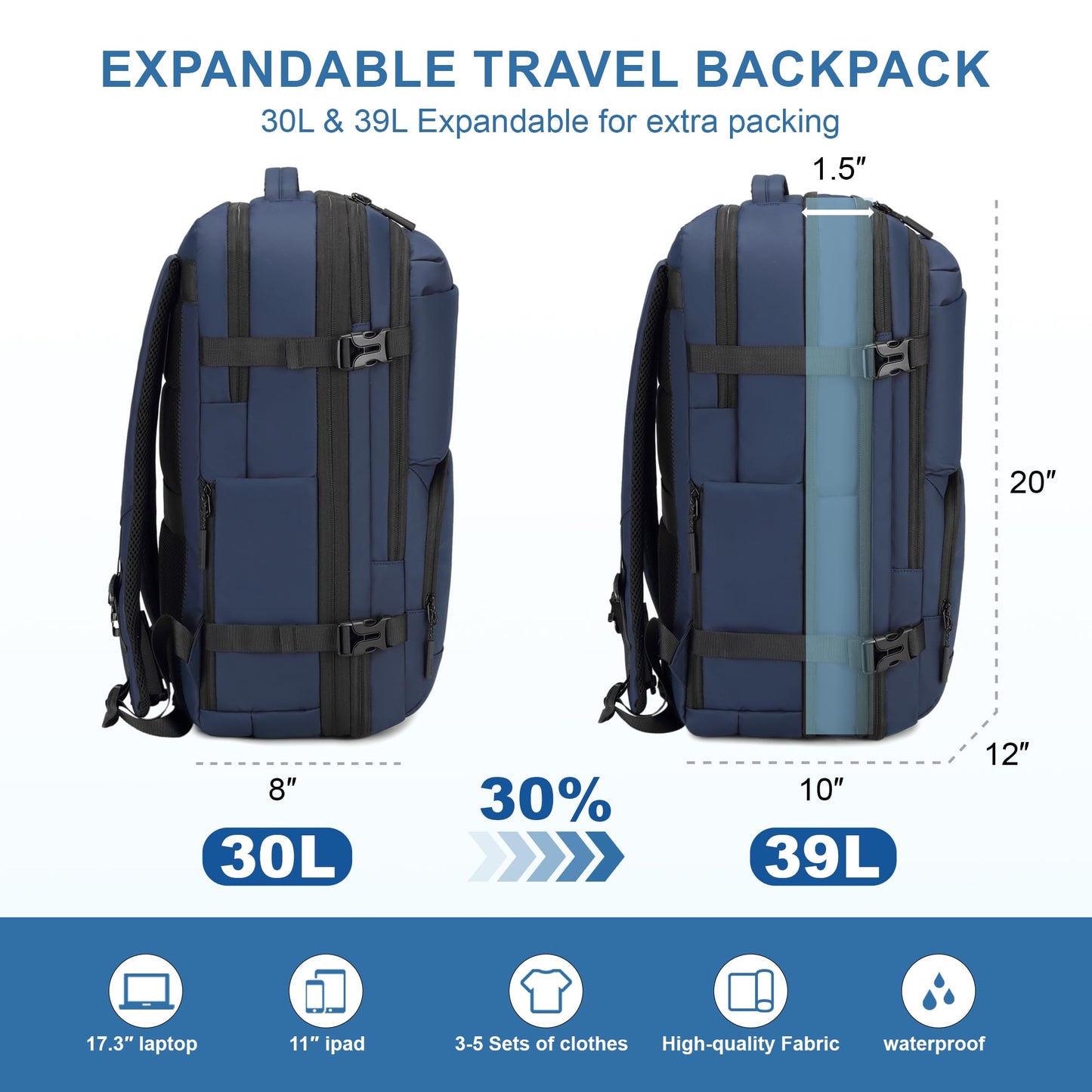 BAGOK Carry On Travel Backpack, 35L-40L Expandable Extra Large Airline Approved,Lightweight Daypack for Men and Women