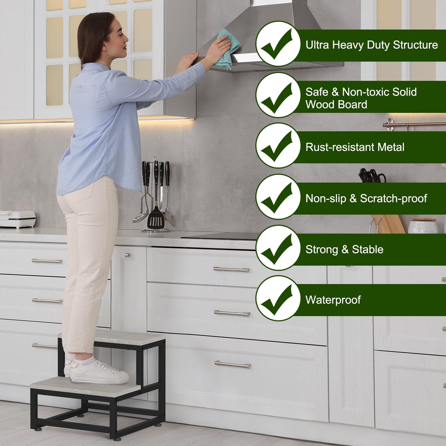 LIANTRAL 2 Step Stool for Adults Kids, Heavy Duty Wooden Stepping Stools, Bedside Foot Stool with 500lbs Load Capacity, Non-Slip Step Stool for High Bed, Kitchen, RV - Grey