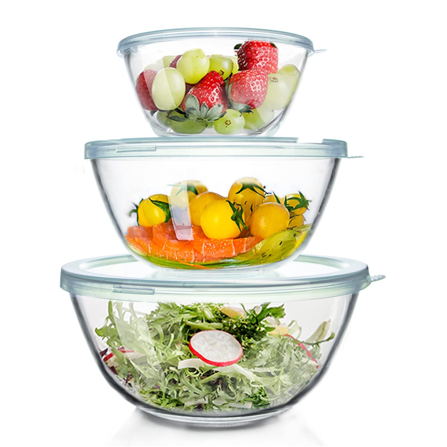 Whiterhino Glass Mixing Bowls with Lids Set of 3（4.5QT,2.7QT, 1.1QT, Large Clear Salad Fruit Nesting Bowl for Cooking,Baking,Prepping,Serving and Storage,Dishwasher and Microwave Safe