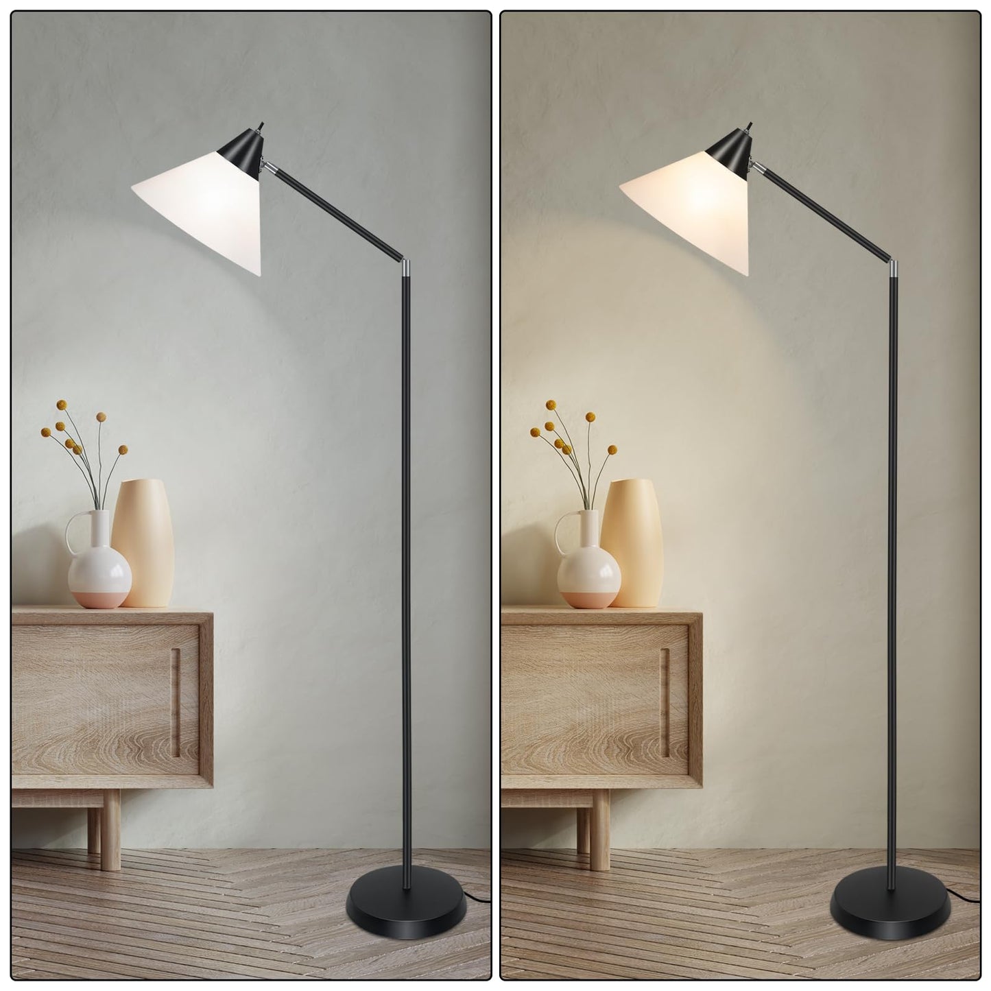 HonoDing Modern Floor Lamp for Living Room, Adjustable Height Standing Lamps, 360° Adjustable Head Arcylic Shade Floor Lamps, Corner Lamps for Bedroom, Office, Reading (Black)