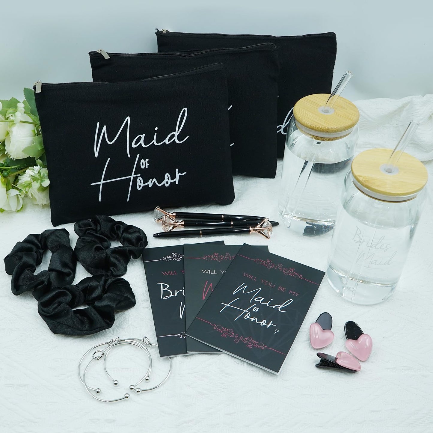 KIKINIKO 42 pcs Bridesmaid gifts bridesmaid proposal gifts, Maid of Honor Gifts contain 16oz Glass Cups Cosmetic Makeup Bags Invited Cards Scrunchies Hair Knotted Bracelets Diamond Pens love clip,