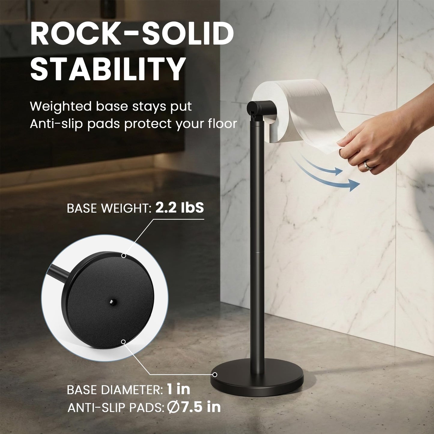 Cesun Toilet Paper Holder Stand Free Standing, Black Toilet Paper Storage with Heavy Weighted Base, Bathroom Stainless Steel Toilet Paper Roll Holder, Non-Slip, Matte Black