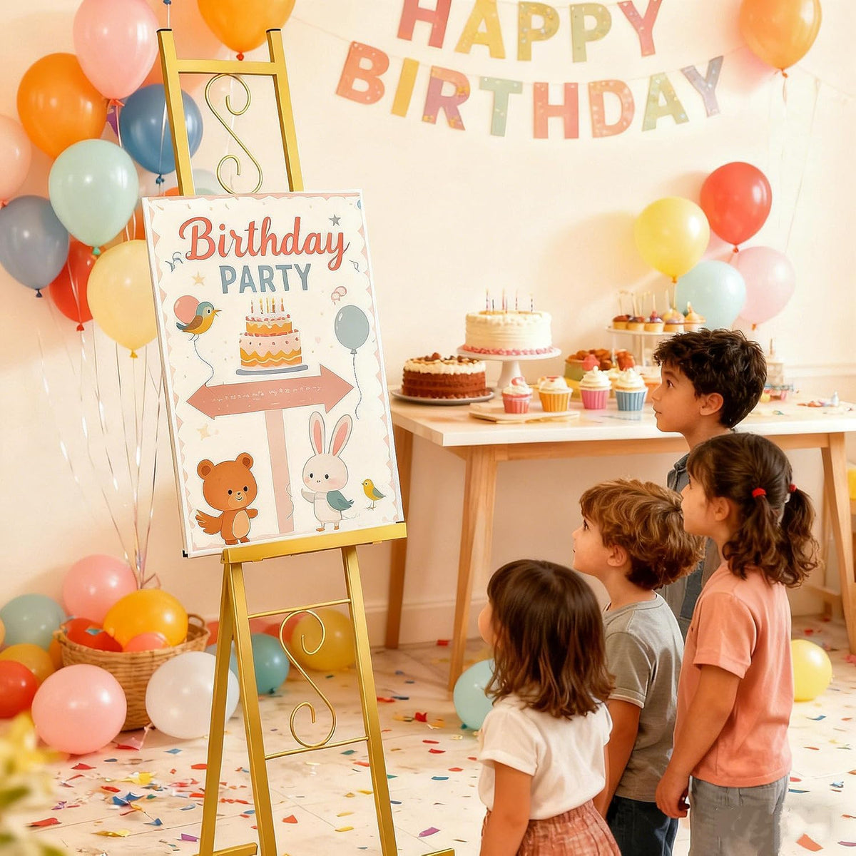 2 Pack Gold Easel Stand for Sign, Adjustable Metal Easels with Chain Support, Welcome Sign Stand for Painting, Display, Poster Picture, Wedding Sign (17" x 17" x 58")