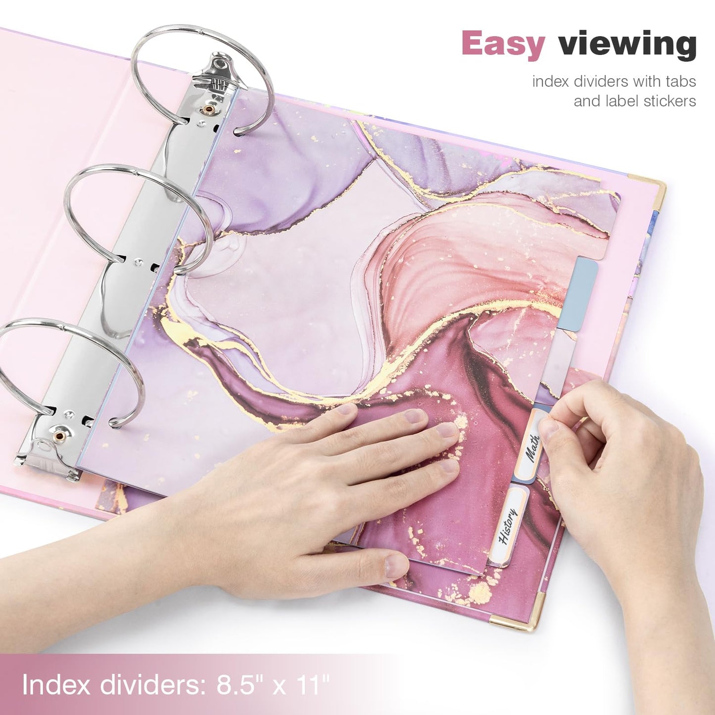 Ospelelf 3 Ring Binder 3 Inch, Cute Binder for Letter Size (11" x 8.5") with 5 Tab Dividers, File Folder Labels and Low Profile Clipboards, Pink Marble Binder for School Supplies and Office Supplies