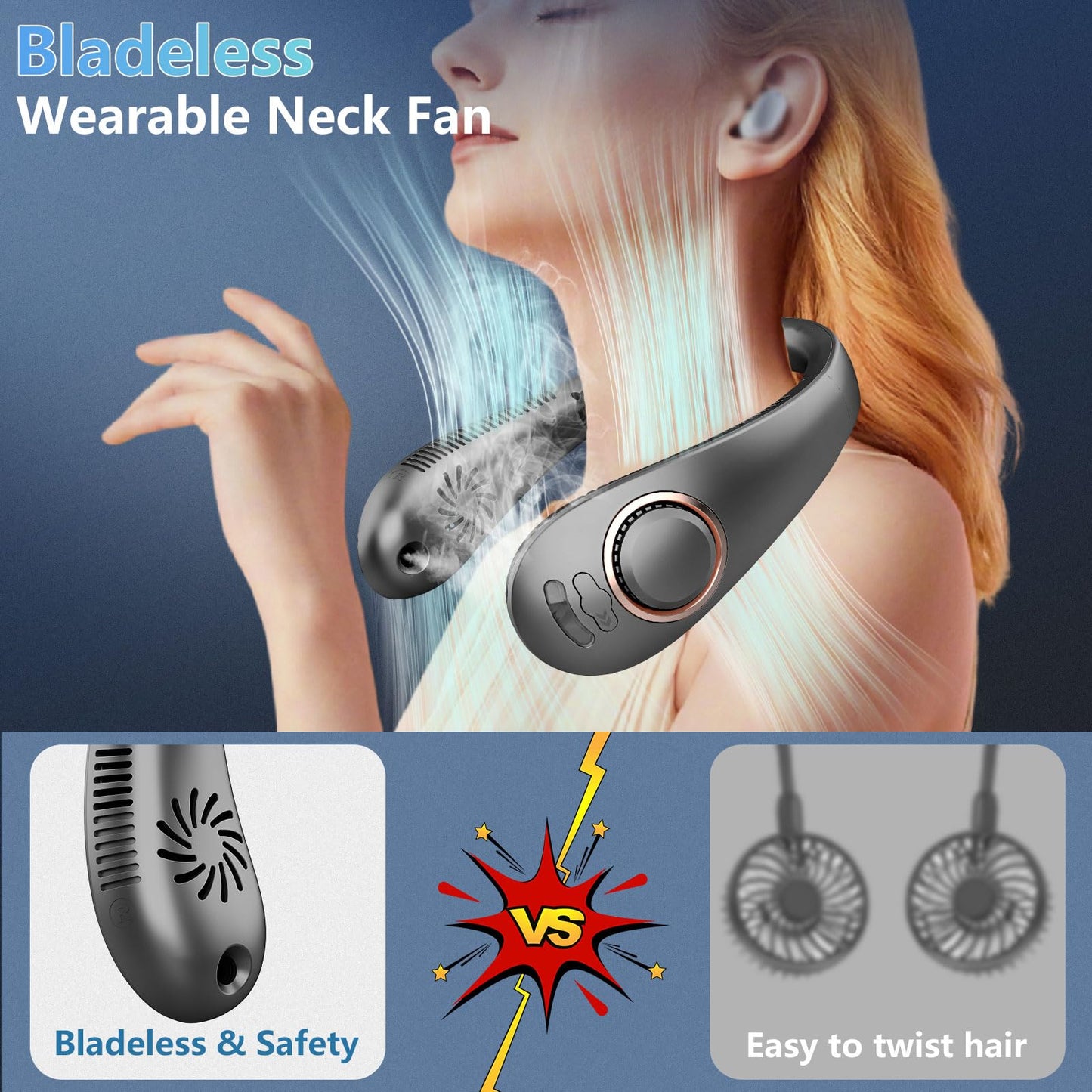 Portable Neck Fan with Mist,Personal Air Cooling Neck Fans that Cool Like Air Conditioners, Foldable Misting Fan Battery Powered,Quiet Cold Neck Cooler Fans Wearable Hands Free for Travel Black